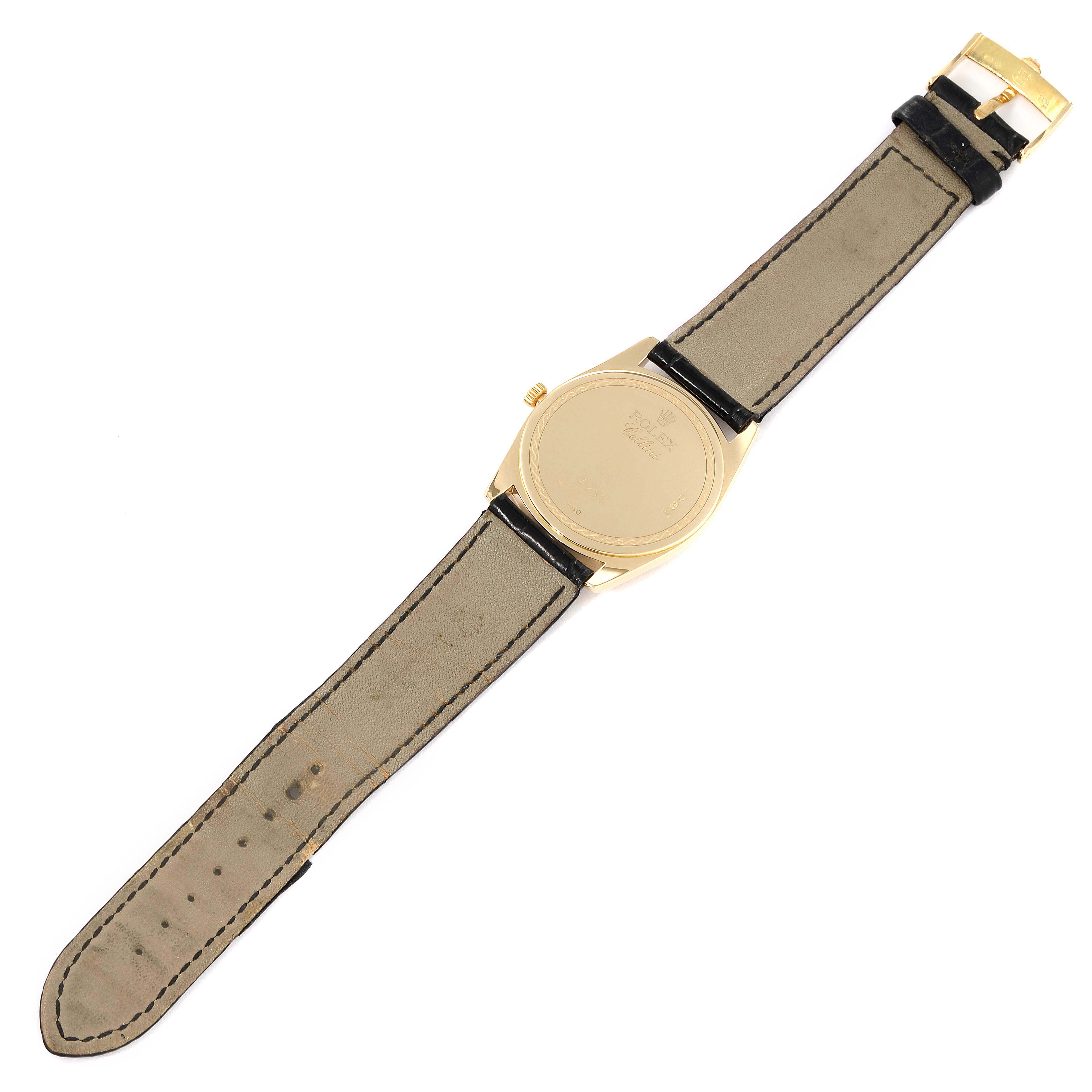 The image shows the back and strap of a Rolex Cellini 4233 Men's Yellow Gold White Dial 4233 Men's Yellow Gold White Dial watch laid flat, viewed from the rear.