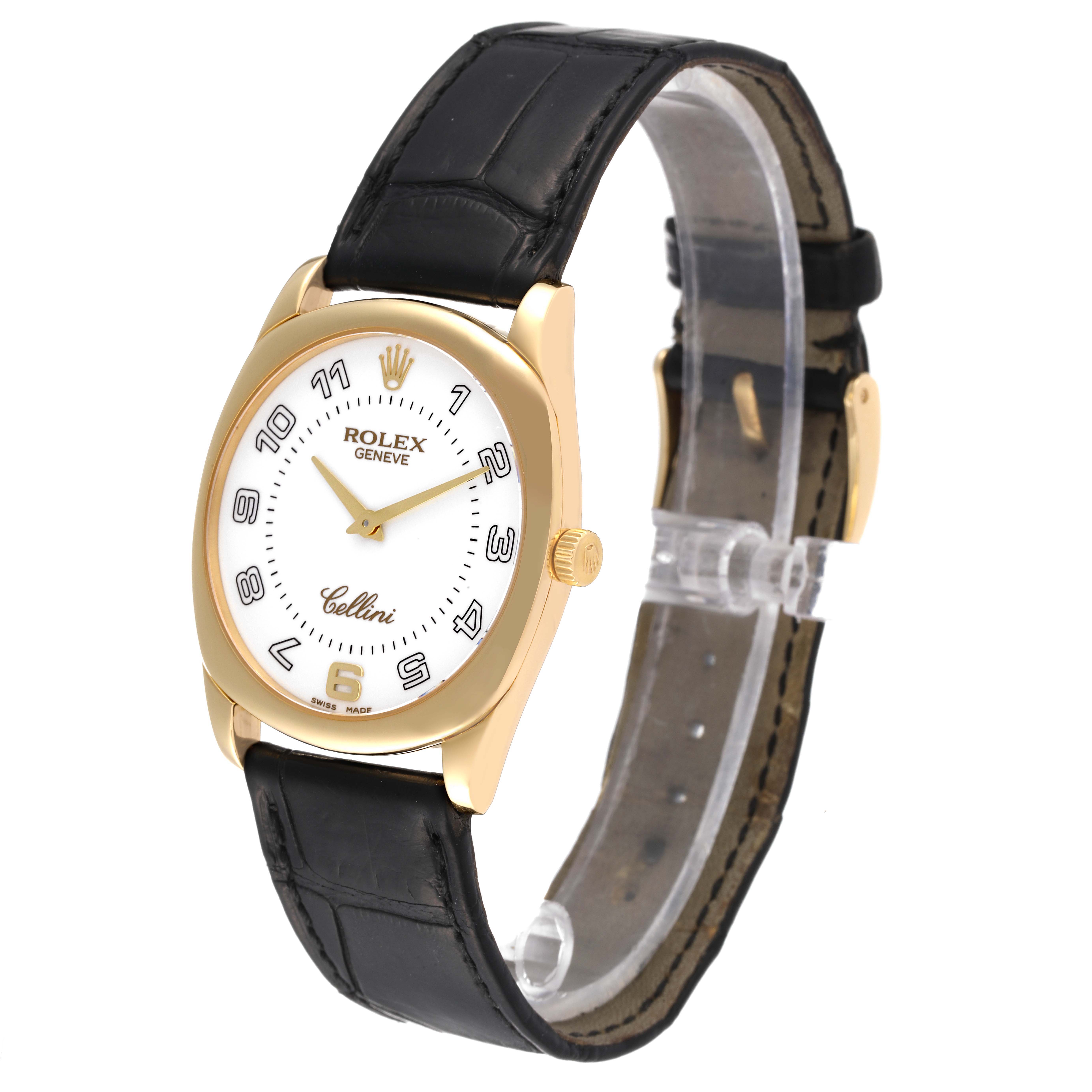 The Rolex Cellini 4233 Men's Yellow Gold White Dial 4233 Men's Yellow Gold White Dial watch is shown at an angled front view, highlighting its gold case, white dial, and black leather strap.