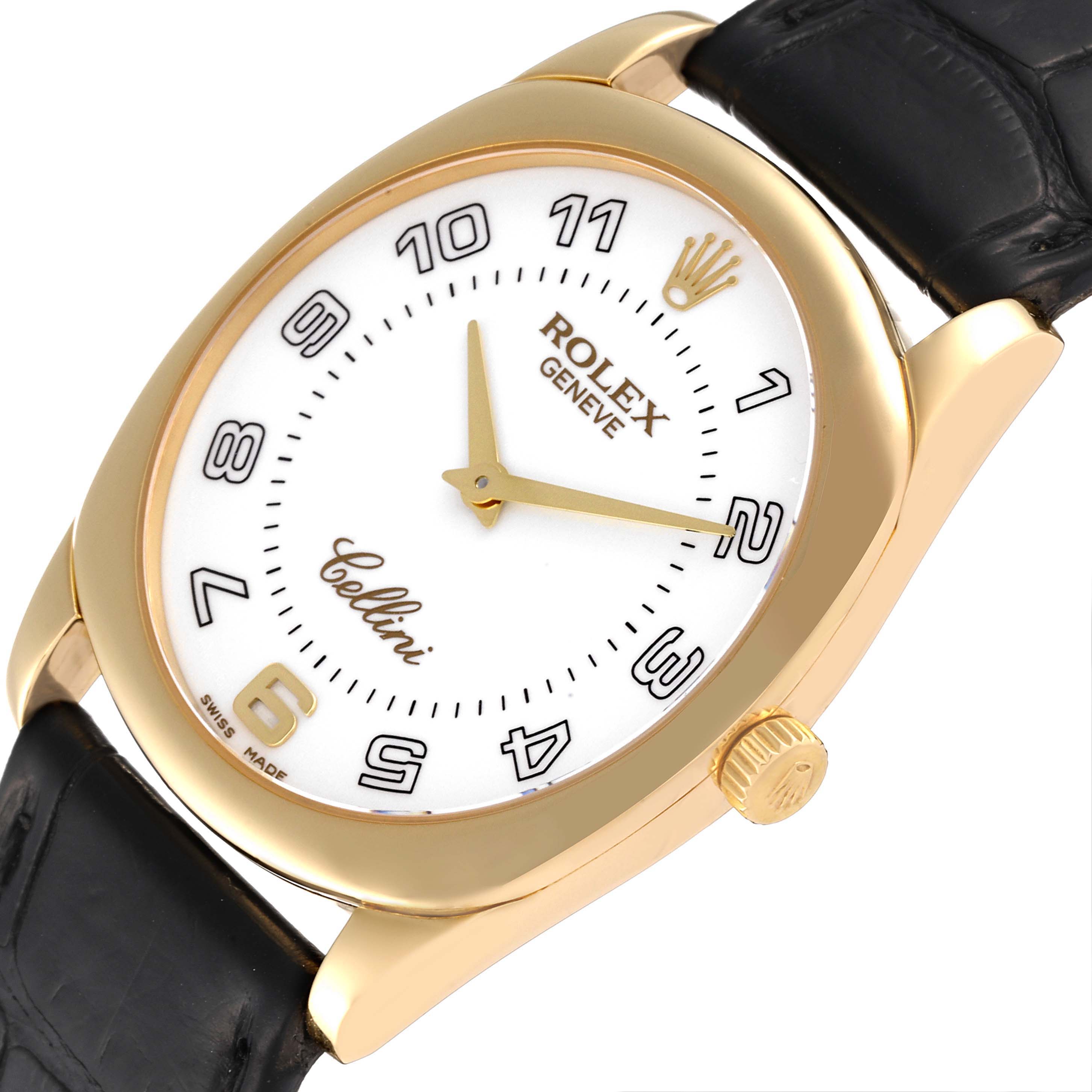 This image shows a Rolex Cellini 4233 Men's Yellow Gold White Dial 4233 Men's Yellow Gold White Dial watch at a slight angle, highlighting the face, bezel, crown, and part of the strap.