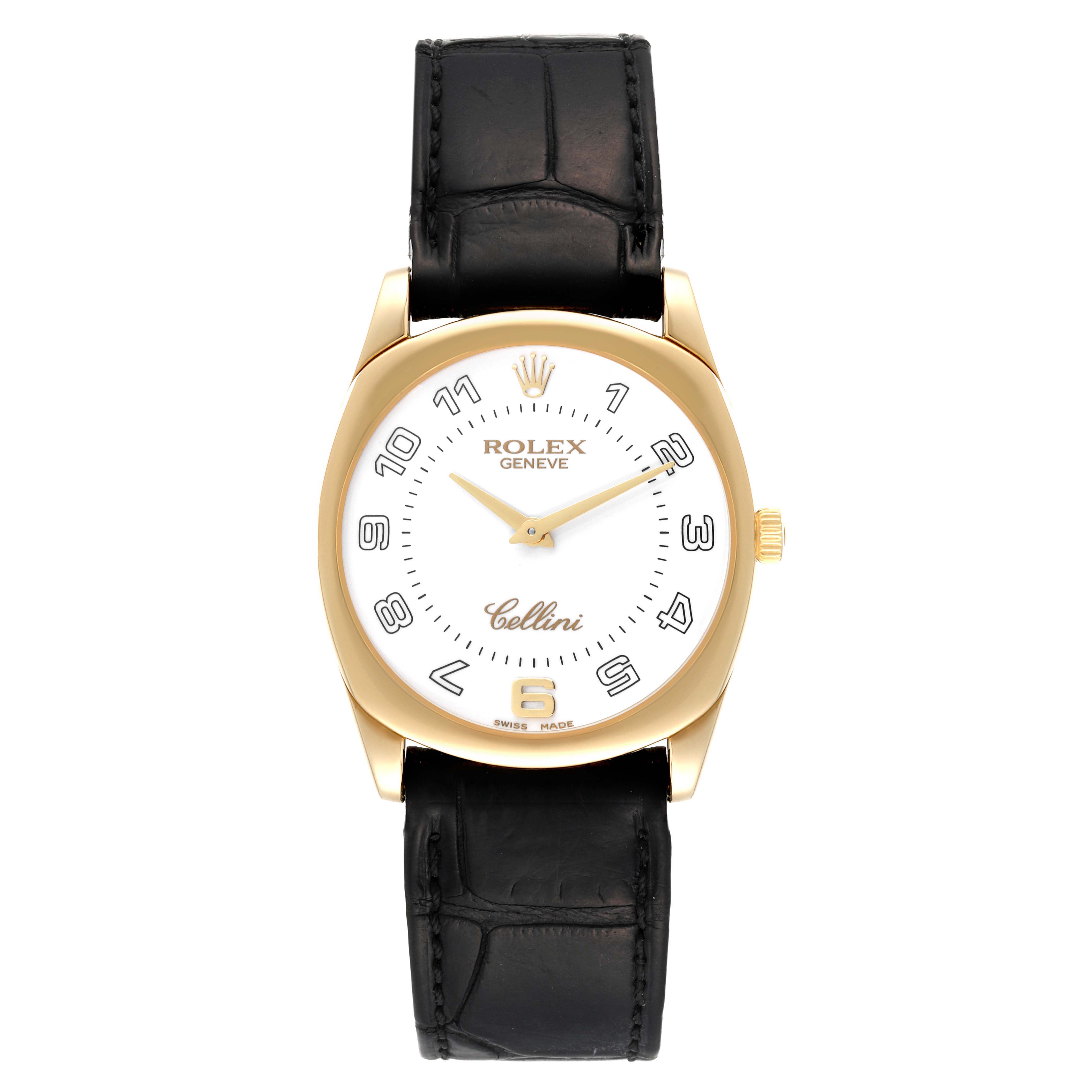The image shows a front view of the Rolex Cellini 4233 Men's Yellow Gold White Dial 4233 Men's Yellow Gold White Dial watch, featuring a gold case, white dial, and black leather strap.