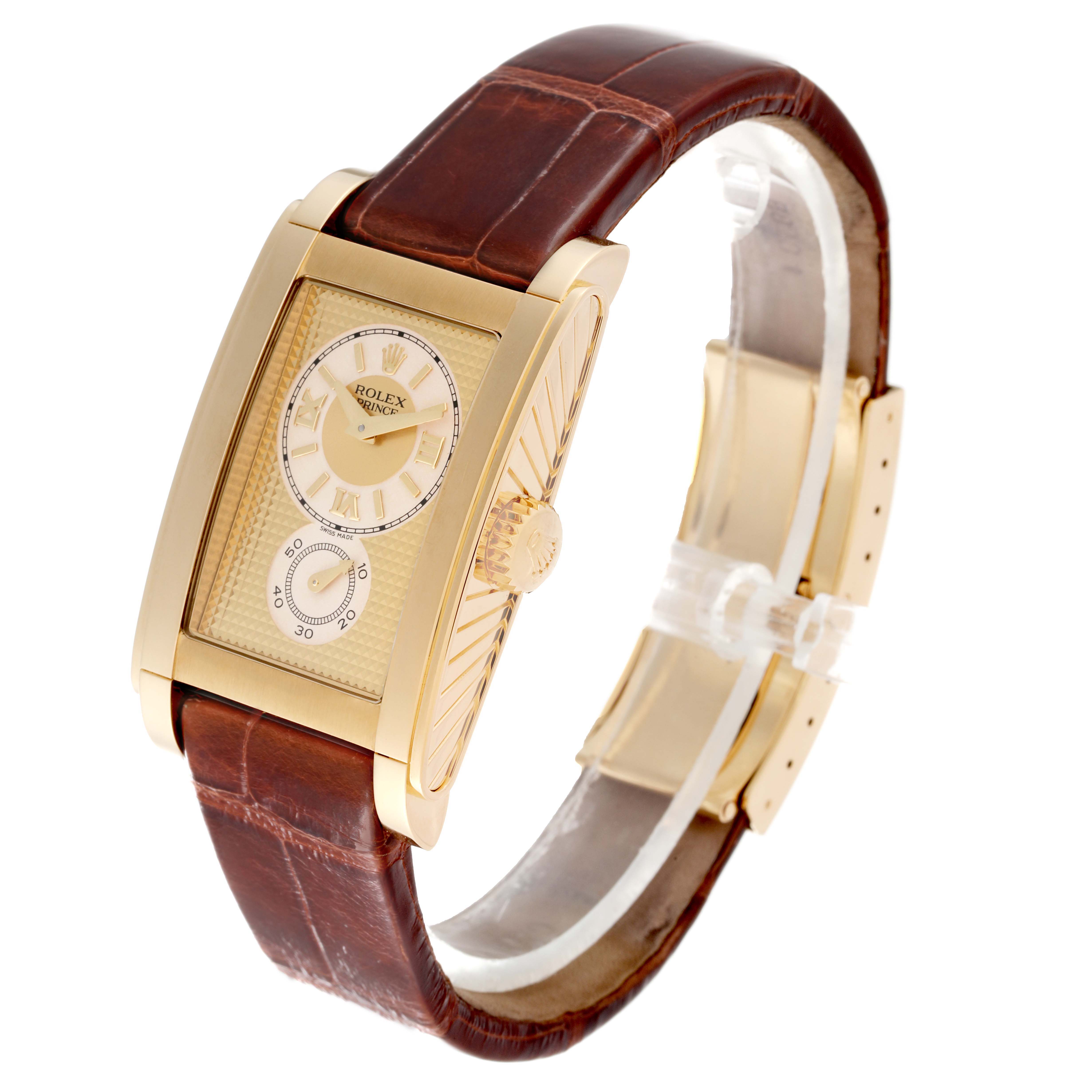 This image shows a Rolex Cellini 5440/8 Men's Yellow Gold Champagne Dial 5440/8 Men's Yellow Gold Champagne Dial watch at a three-quarter angle, displaying its face, crown, and brown leather strap.