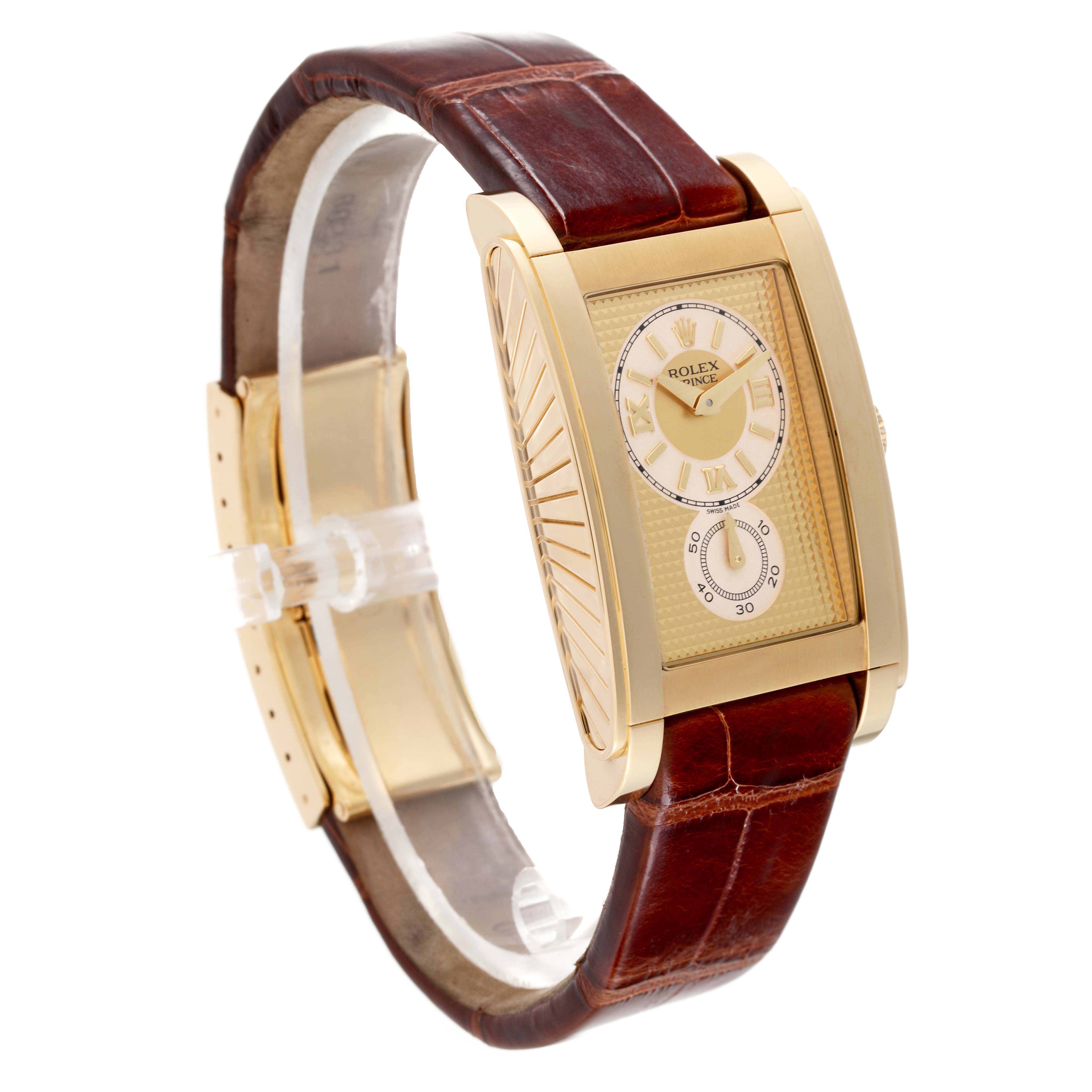 The angle shows a side view of the Rolex Cellini 5440/8 Men's Yellow Gold Champagne Dial 5440/8 Men's Yellow Gold Champagne Dial watch, highlighting its rectangular gold case and brown leather strap.