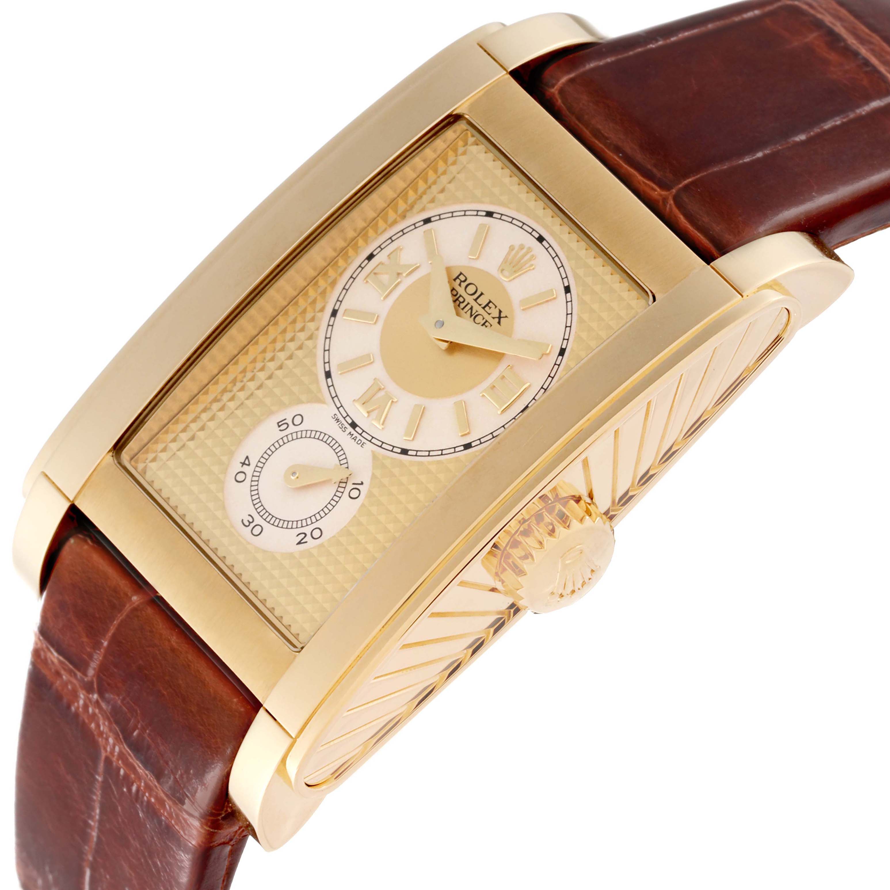 The image shows a close-up side view of the Rolex Cellini 5440/8 Men's Yellow Gold Champagne Dial 5440/8 Men's Yellow Gold Champagne Dial watch, highlighting its rectangular gold case, dial, and leather strap.