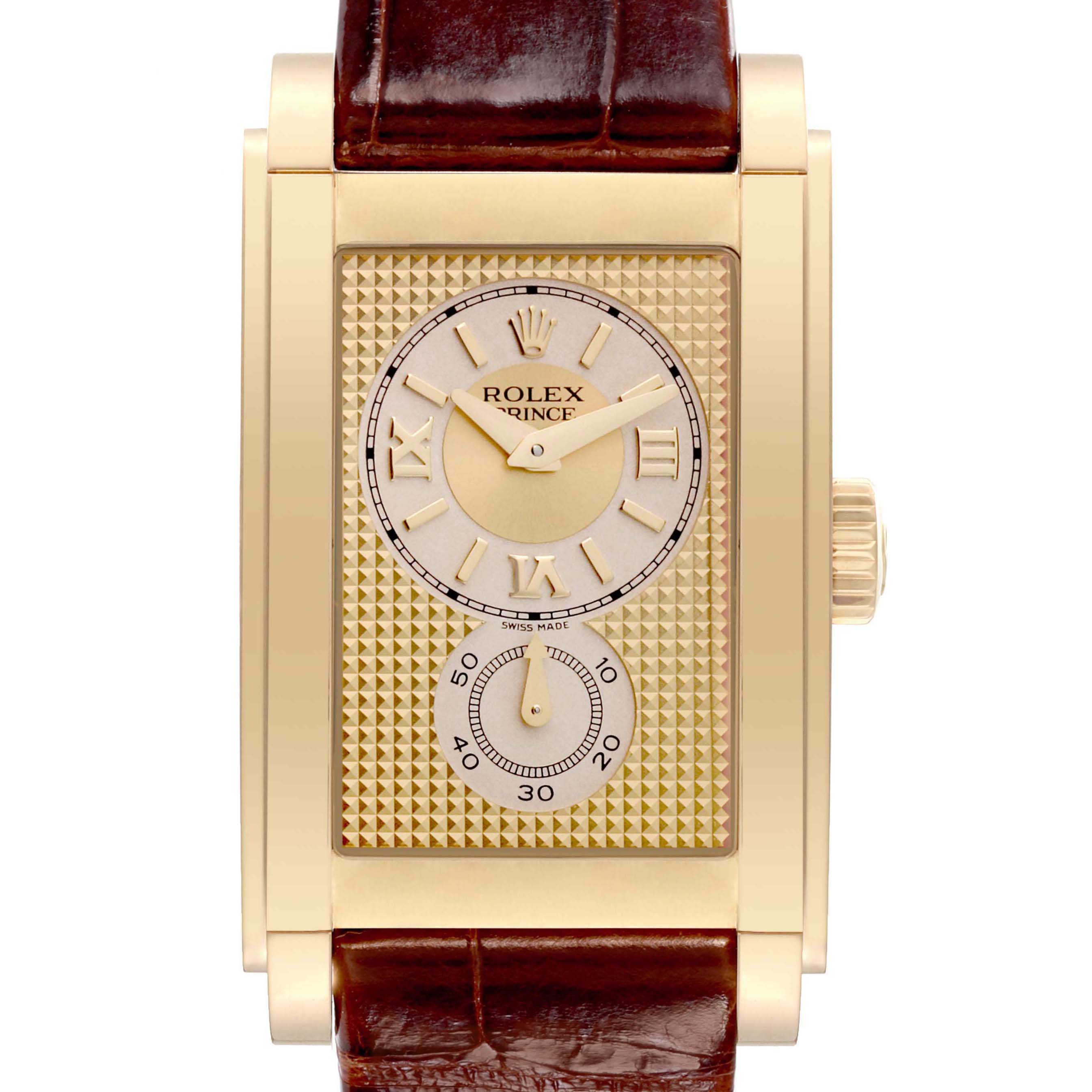 The image shows a front view of a Rolex Cellini 5440/8 Men's Yellow Gold Champagne Dial 5440/8 Men's Yellow Gold Champagne Dial Prince watch, highlighting its rectangular gold case and brown leather strap.