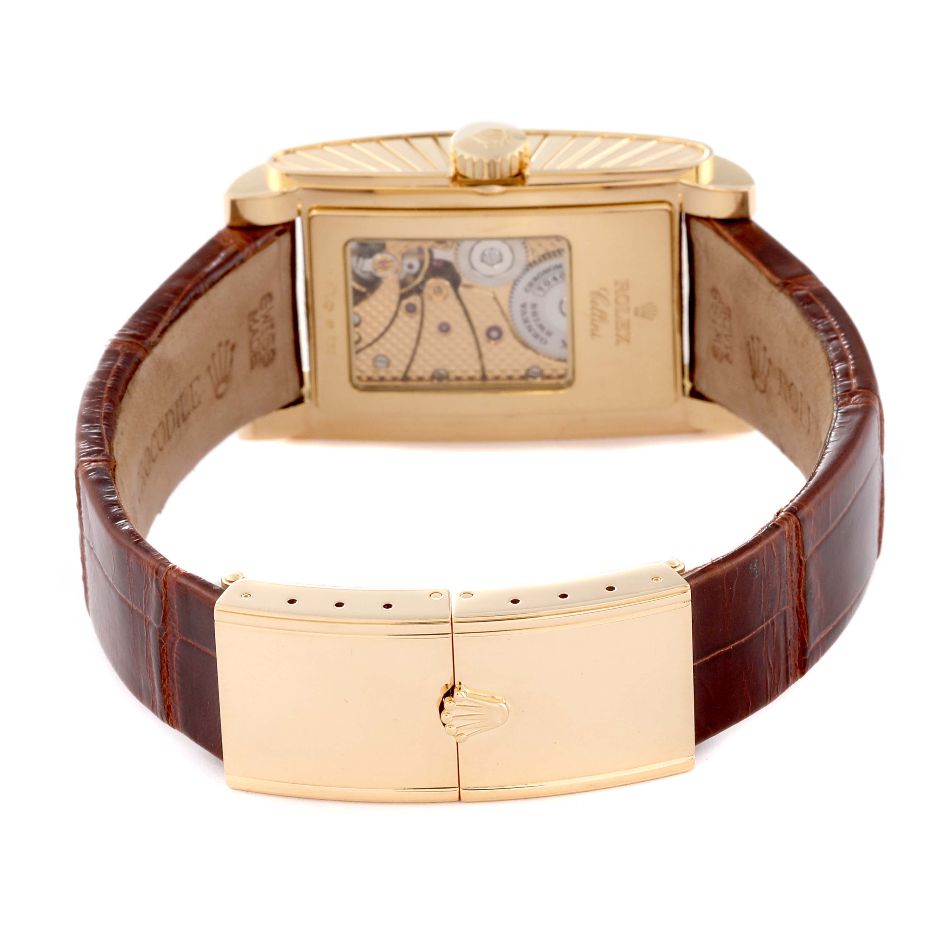 This image shows the back view of the Rolex Cellini 5440/8 Men's Yellow Gold Champagne Dial 5440/8 Men's Yellow Gold Champagne Dial watch, highlighting the leather strap, clasp, and case back.