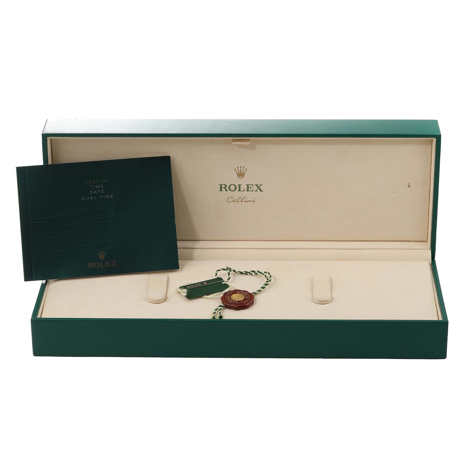 The image shows an open box for the Rolex Cellini 50509 Men's White Gold White Dial 50509 Men's White Gold White Dial model with a booklet and tags included.