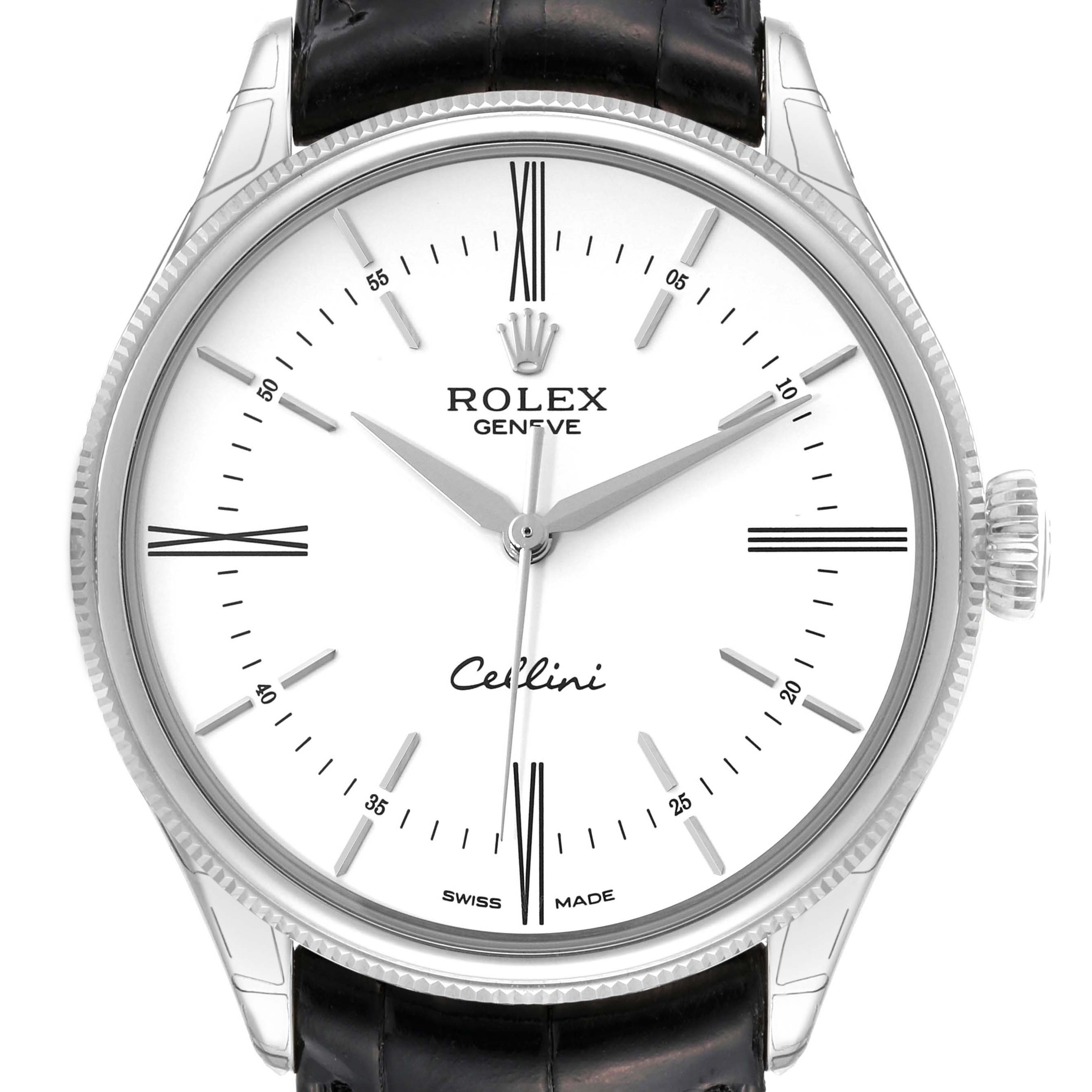 The image shows a frontal view of the Rolex Cellini 50509 Men's White Gold White Dial 50509 Men's White Gold White Dial watch, highlighting its dial, hands, crown, and part of the leather strap.
