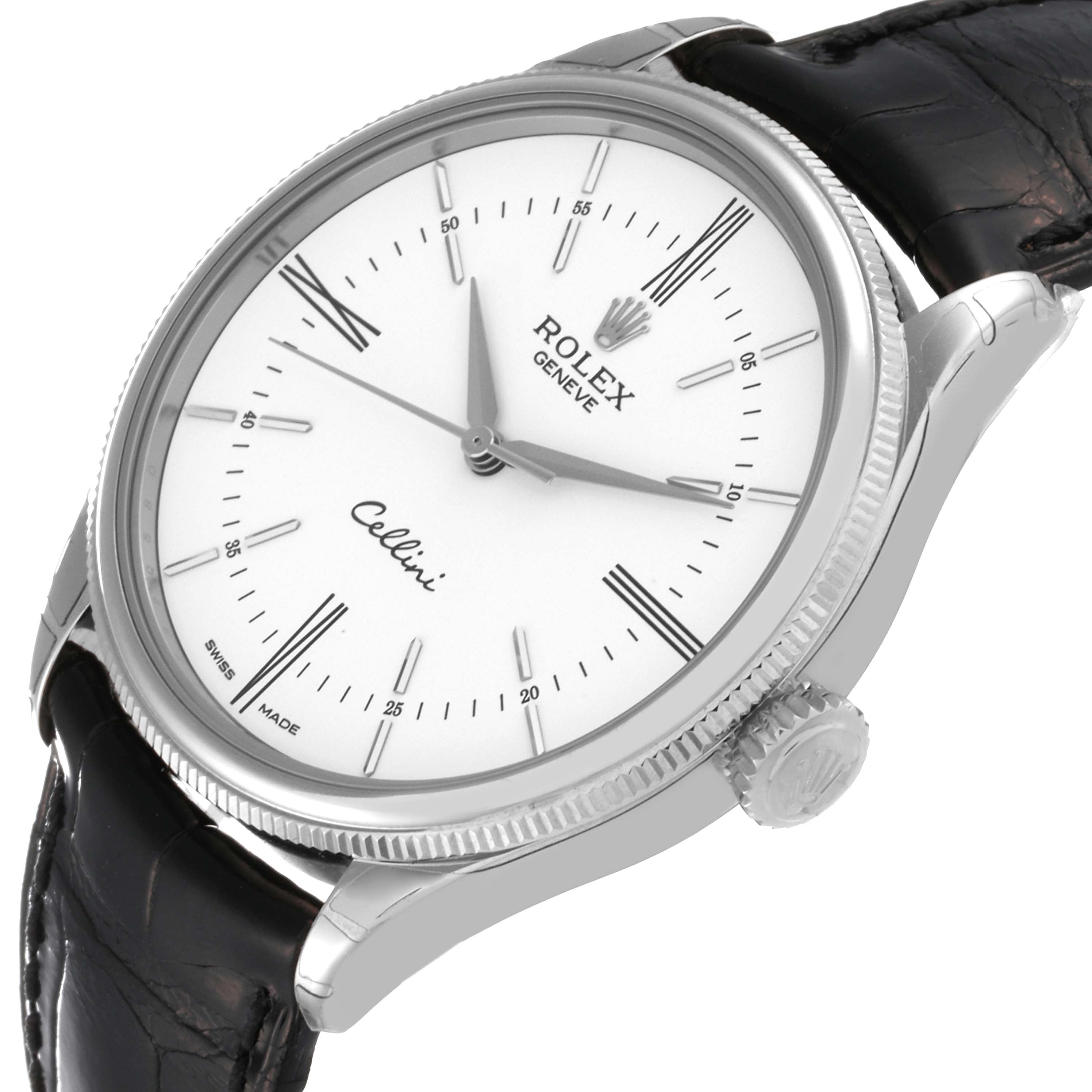 The watch shown is a Rolex Cellini 50509 Men's White Gold White Dial 50509 Men's White Gold White Dial model, angled to display the dial, crown, and a partial view of the black leather strap.