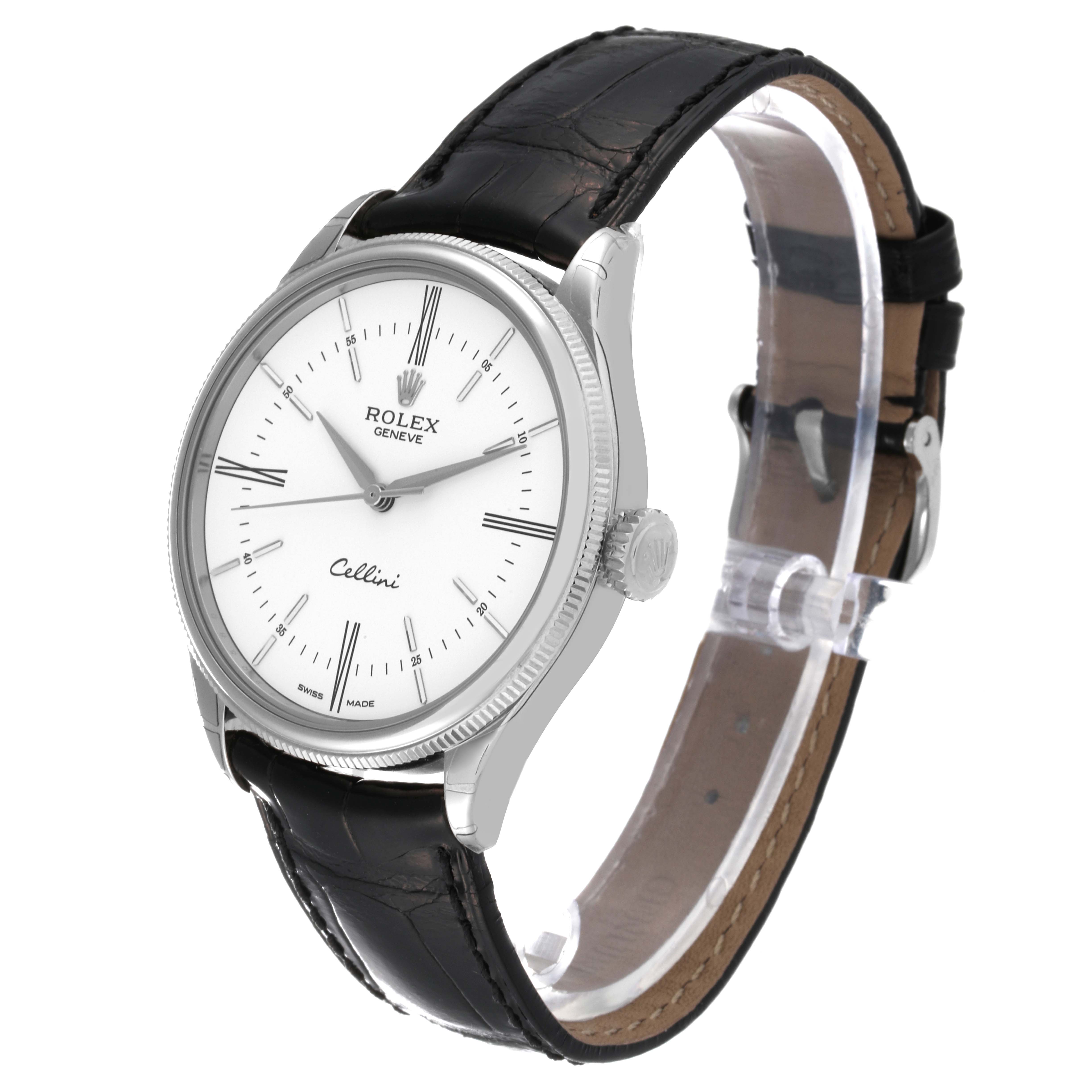 The Rolex Cellini 50509 Men's White Gold White Dial 50509 Men's White Gold White Dial watch is shown at a three-quarter angle, displaying its face, bezel, crown, and leather strap.