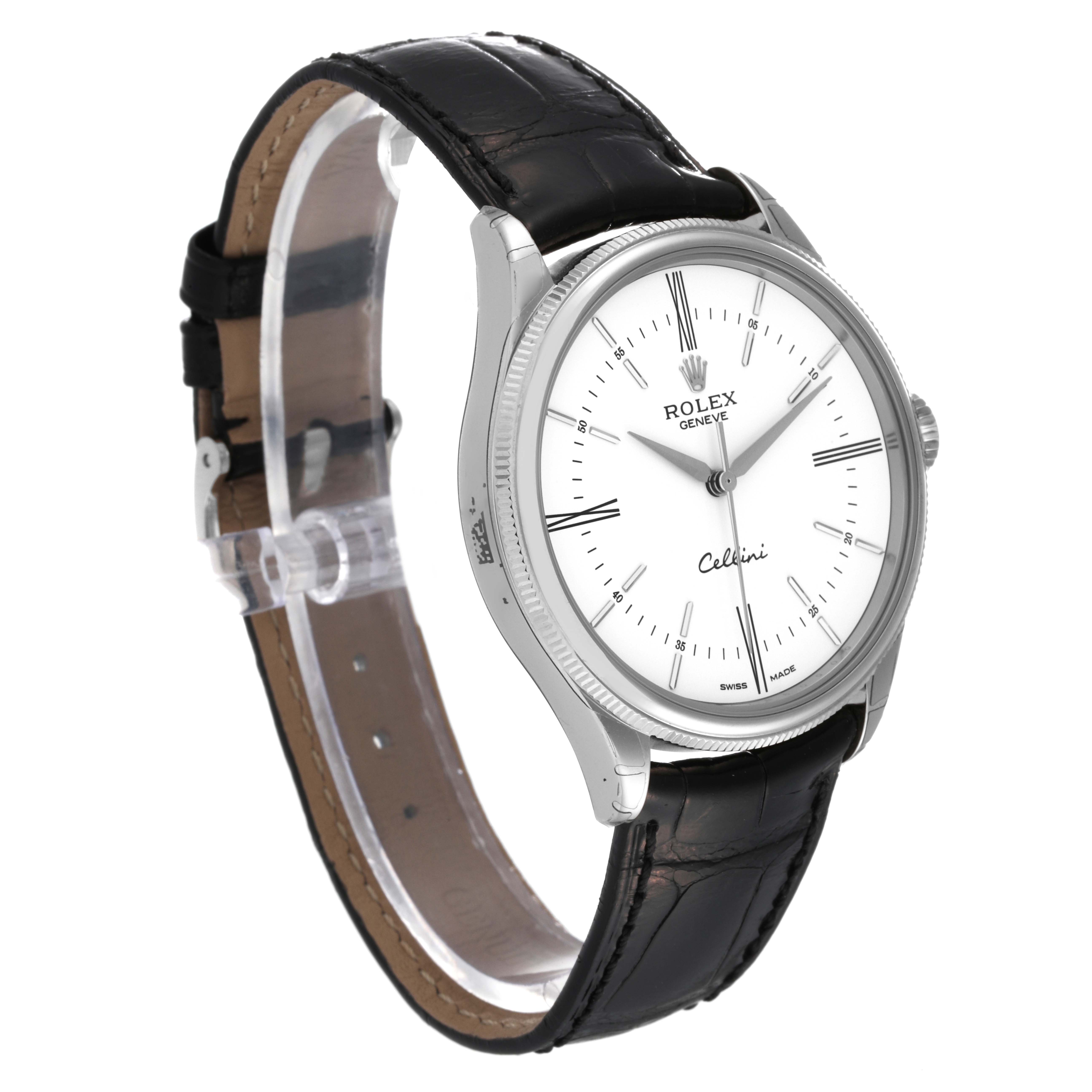 The image shows a Rolex Cellini 50509 Men's White Gold White Dial 50509 Men's White Gold White Dial watch at a 3/4 angle, highlighting the face, bezel, and leather strap.