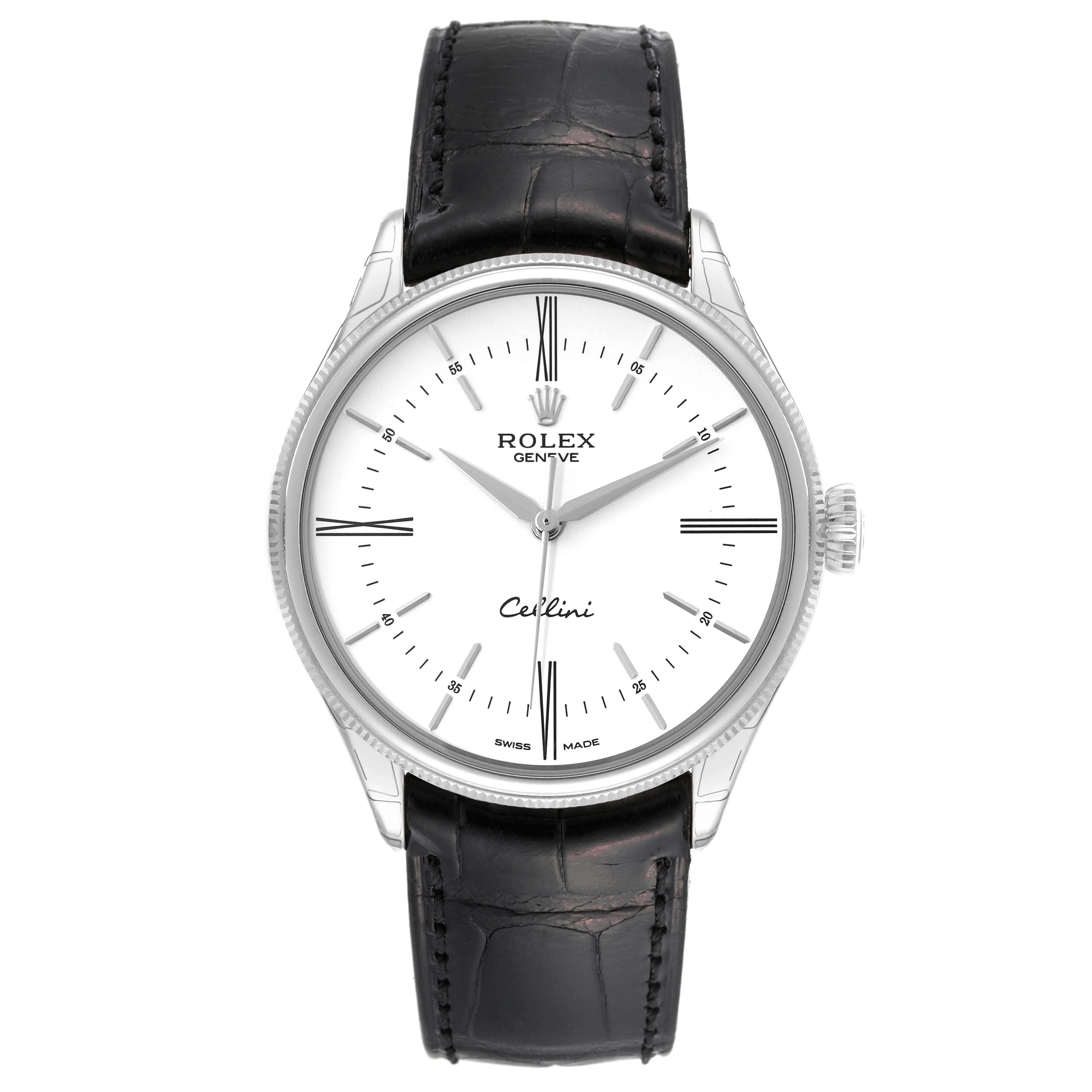 This image shows a front view of a Rolex Cellini 50509 Men's White Gold White Dial 50509 Men's White Gold White Dial watch, featuring its dial, hands, and leather strap.