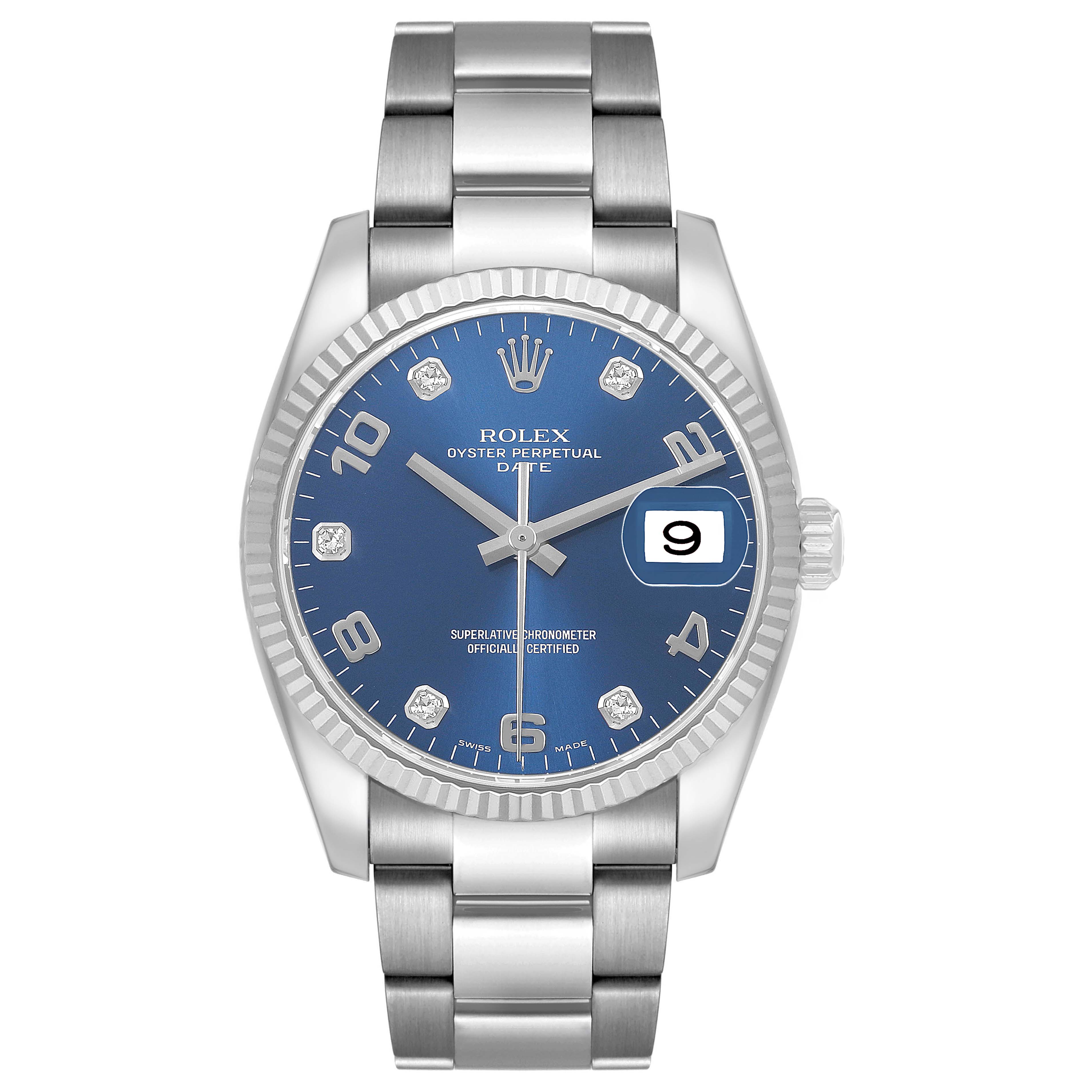 The Rolex Date 115234 Men's Stainless Steel Blue Dial watch is shown from a front angle, highlighting its blue dial, date window, and silver bracelet.