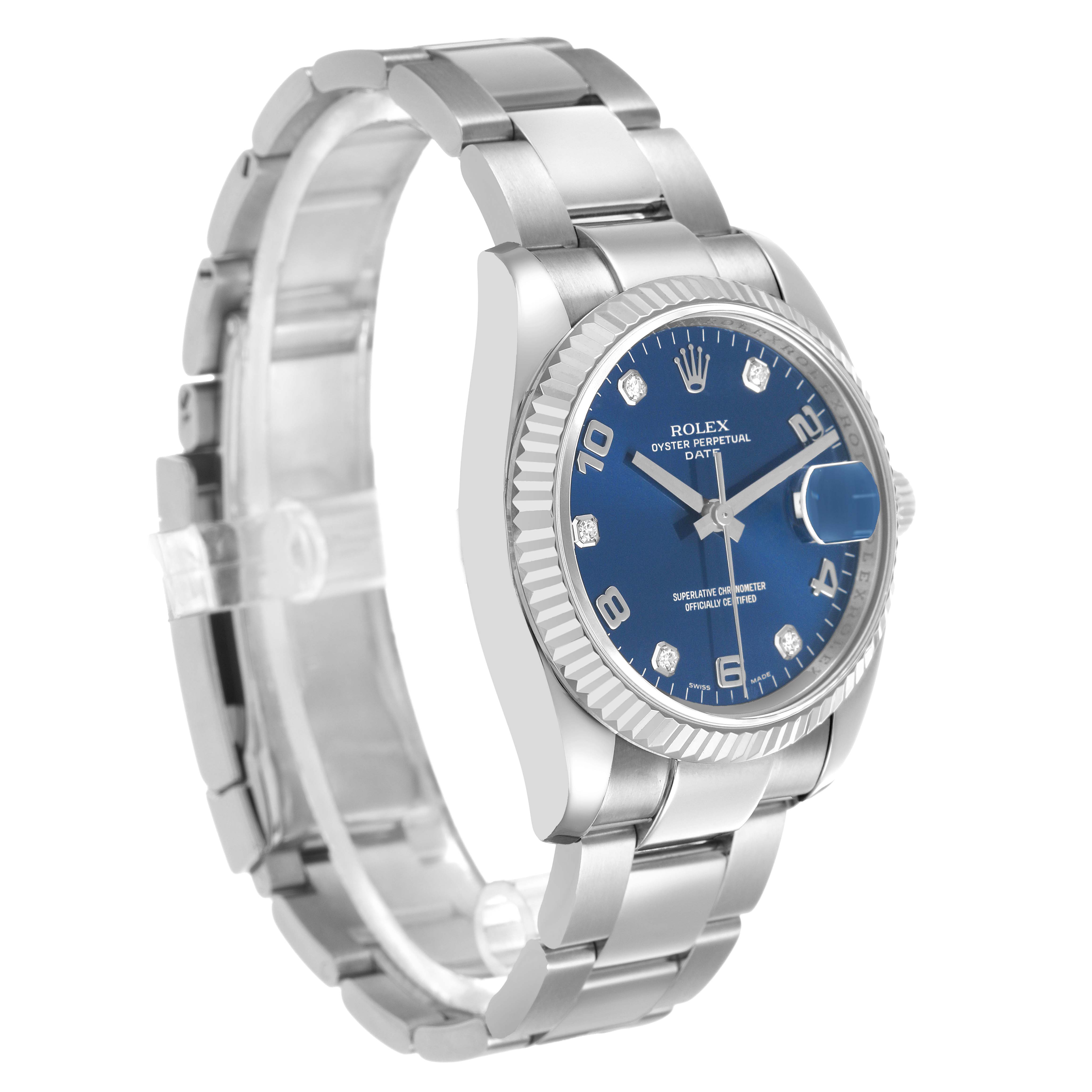 The Rolex Date 115234 Men's Stainless Steel Blue Dial model is shown at a three-quarter angle, displaying the watch face, bezel, and bracelet.