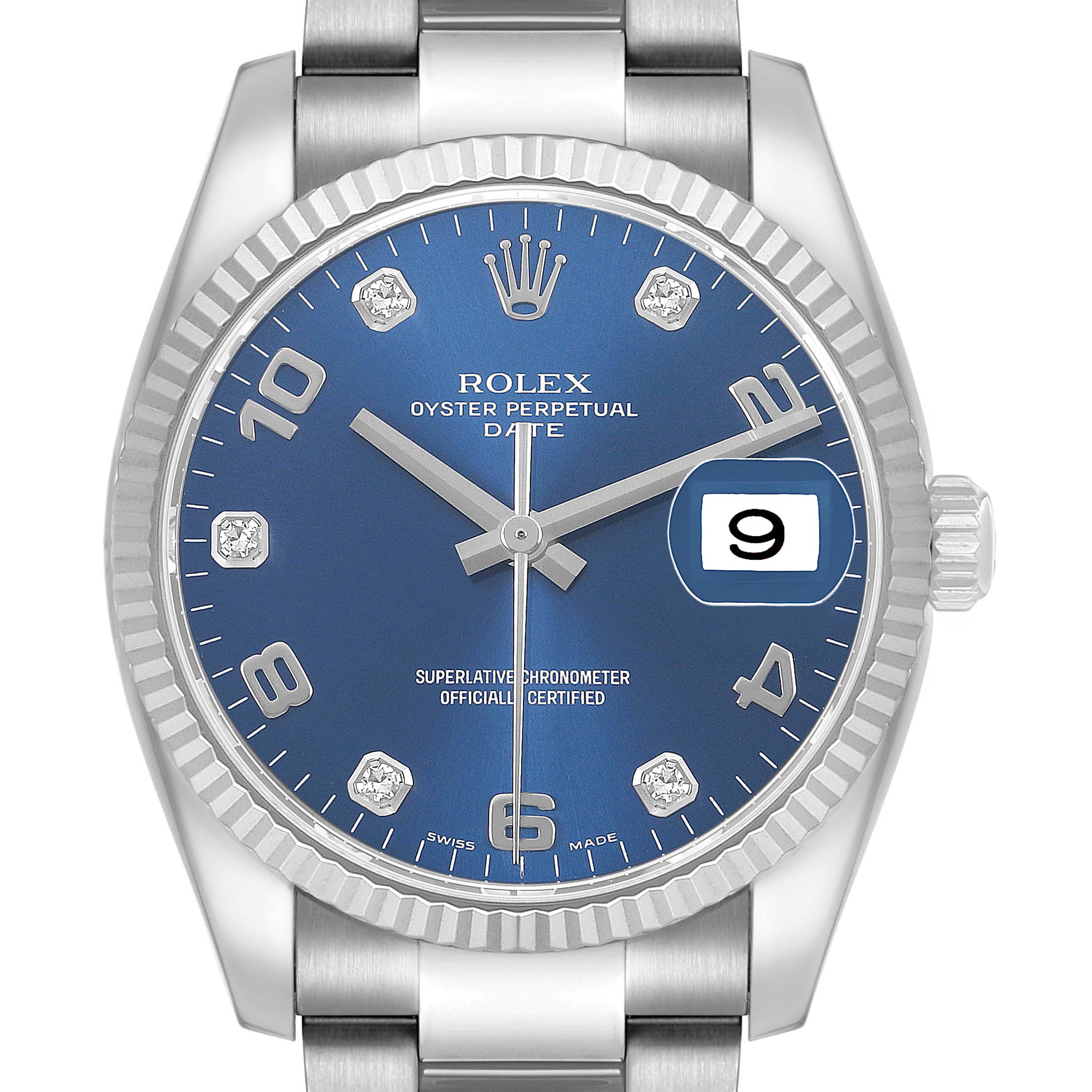 The Rolex Date 115234 Men's Stainless Steel Blue Dial watch is shown from the front, highlighting the blue dial, hour markers, date window, and fluted bezel.