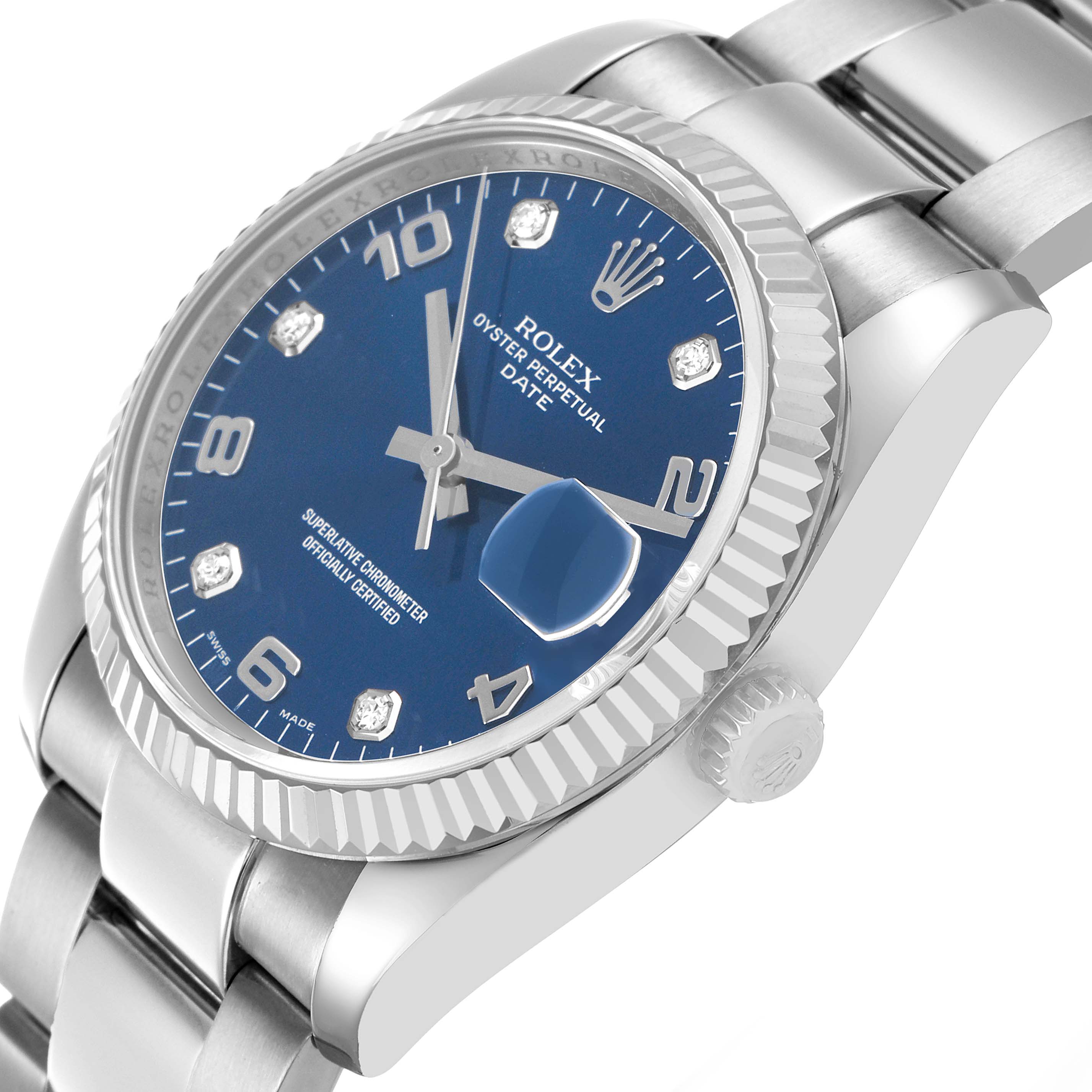 The Rolex Date 115234 Men's Stainless Steel Blue Dial watch is shown at a slight angle, highlighting the bezel, dial, and part of the bracelet.