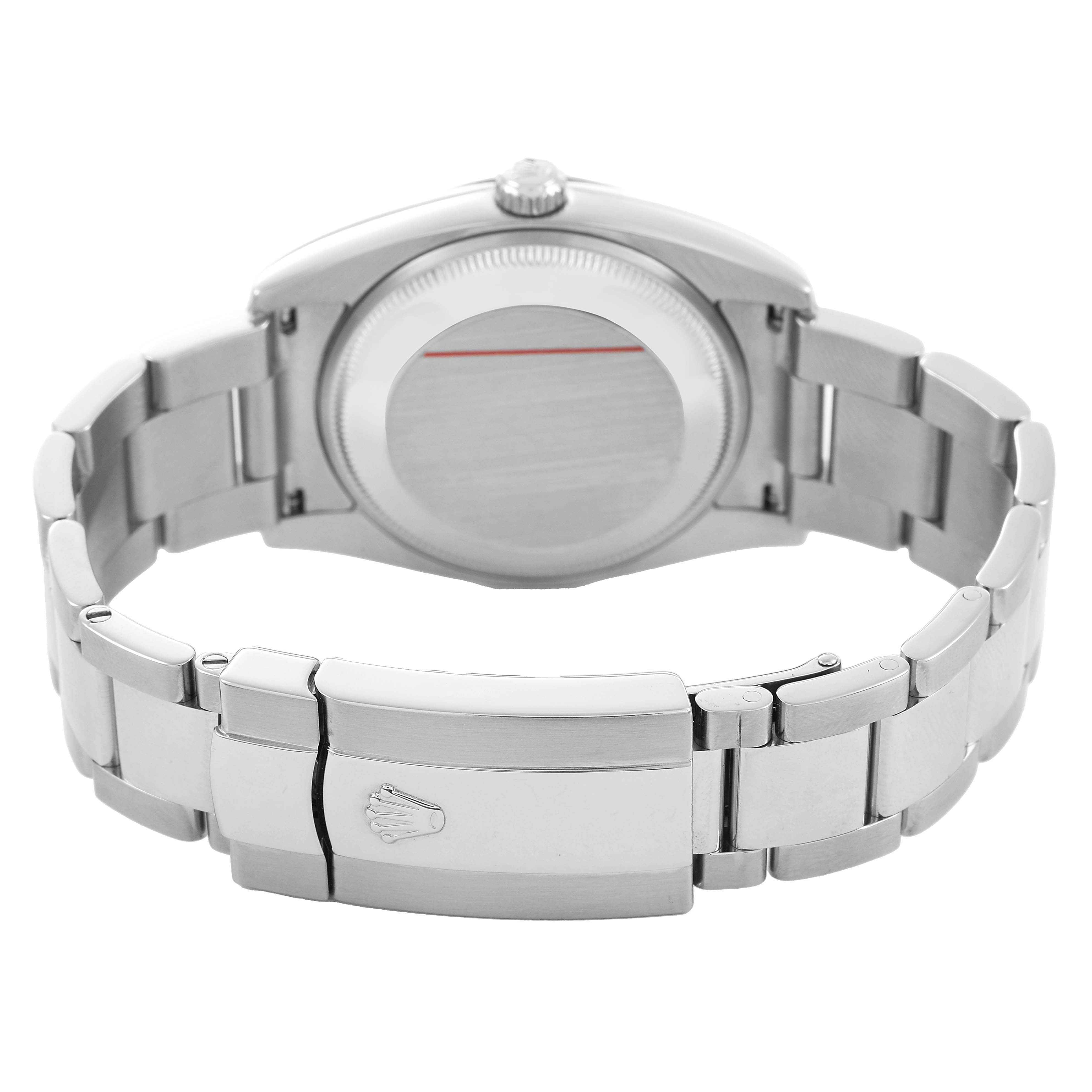 The image shows the back view of a Rolex Date 115234 Men's Stainless Steel Blue Dial model, highlighting the case back and clasp of the bracelet.