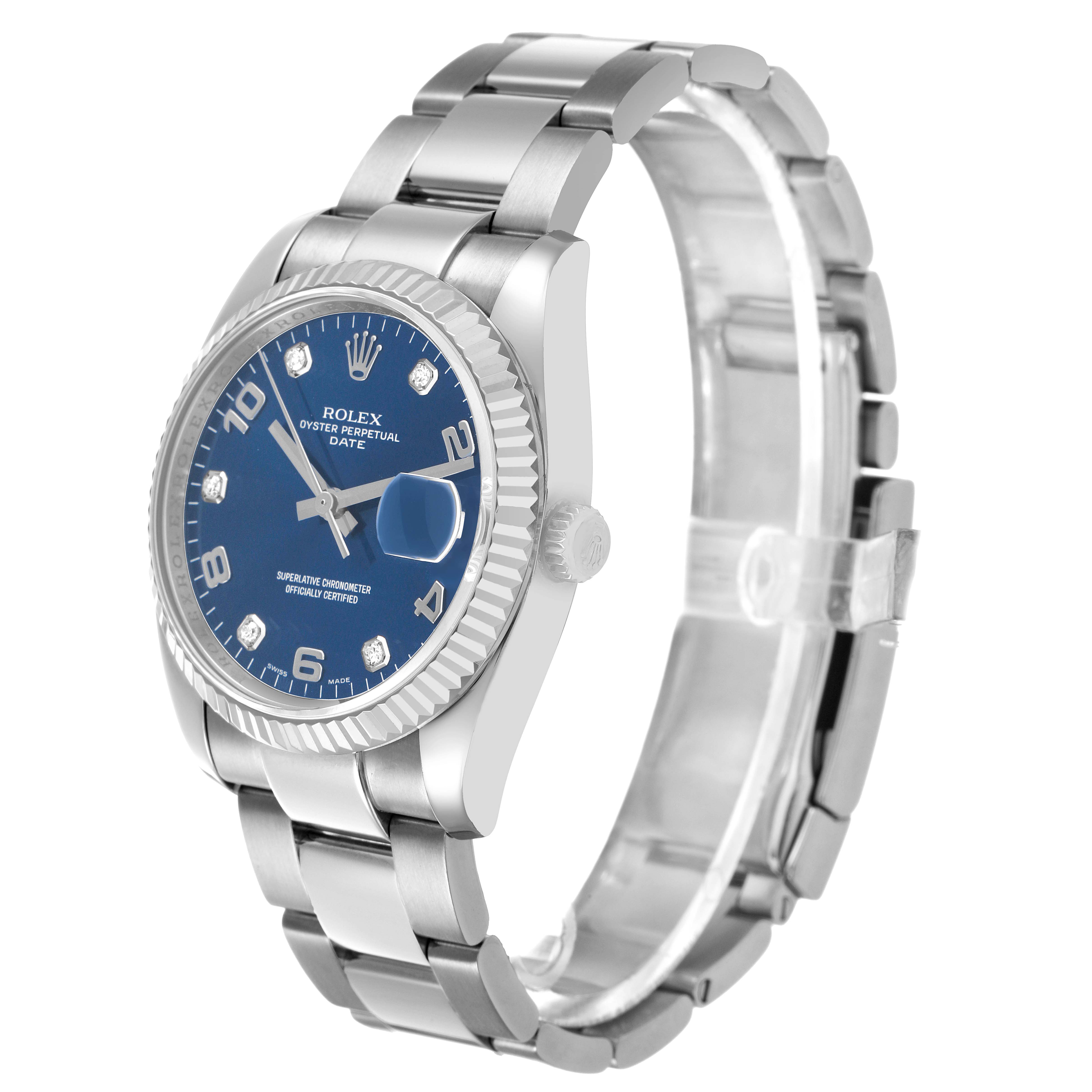 The Rolex Date 115234 Men's Stainless Steel Blue Dial model is shown at a three-quarter angle, highlighting the face, bezel, crown, and bracelet.