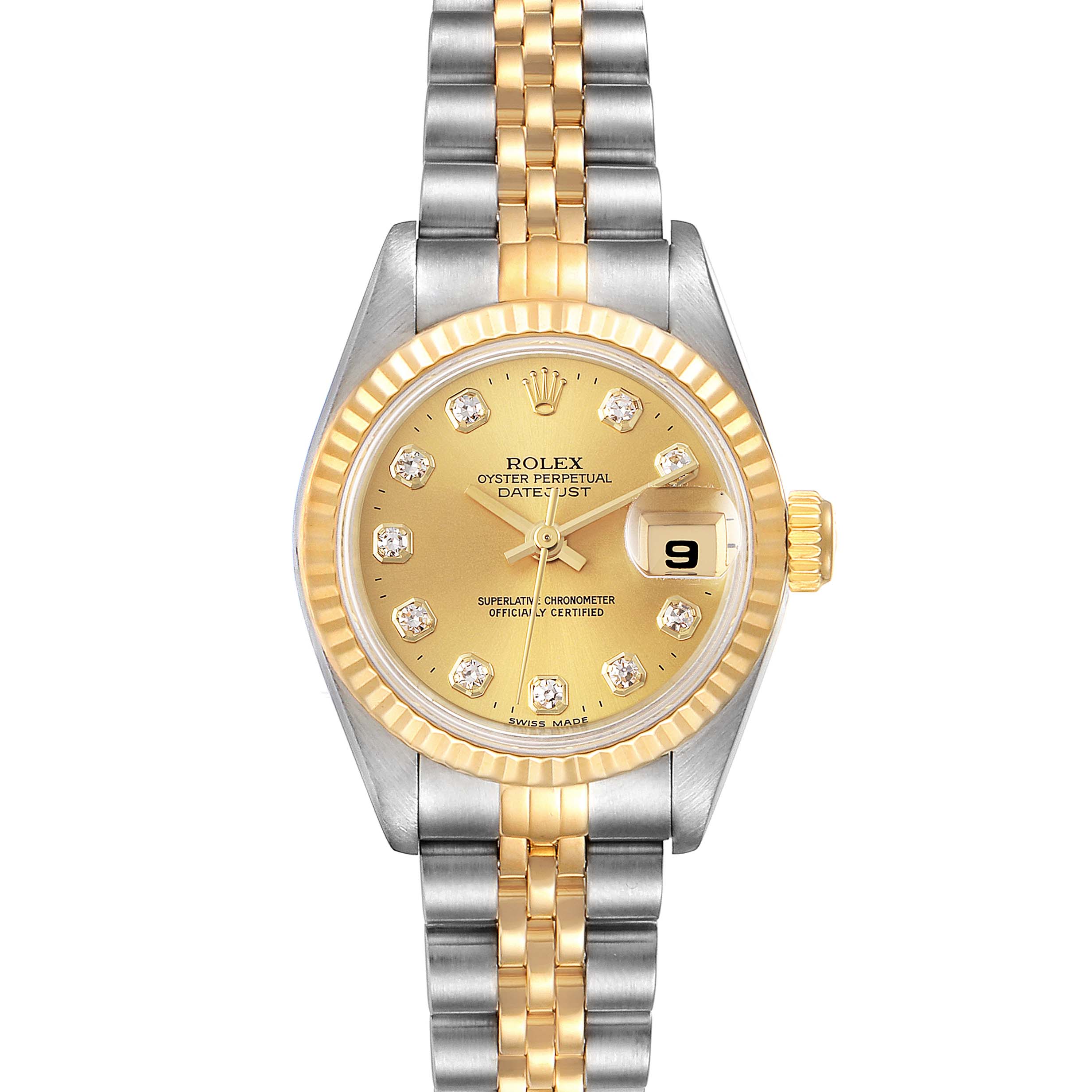 The image shows a front view of a Rolex Datejust 69173 Women
s Steel and Gold (two tone) Champagne Dial 69173 Women
s Steel and Gold (two tone) Champagne Dial watch with a two-tone bracelet and diamond hour markers.