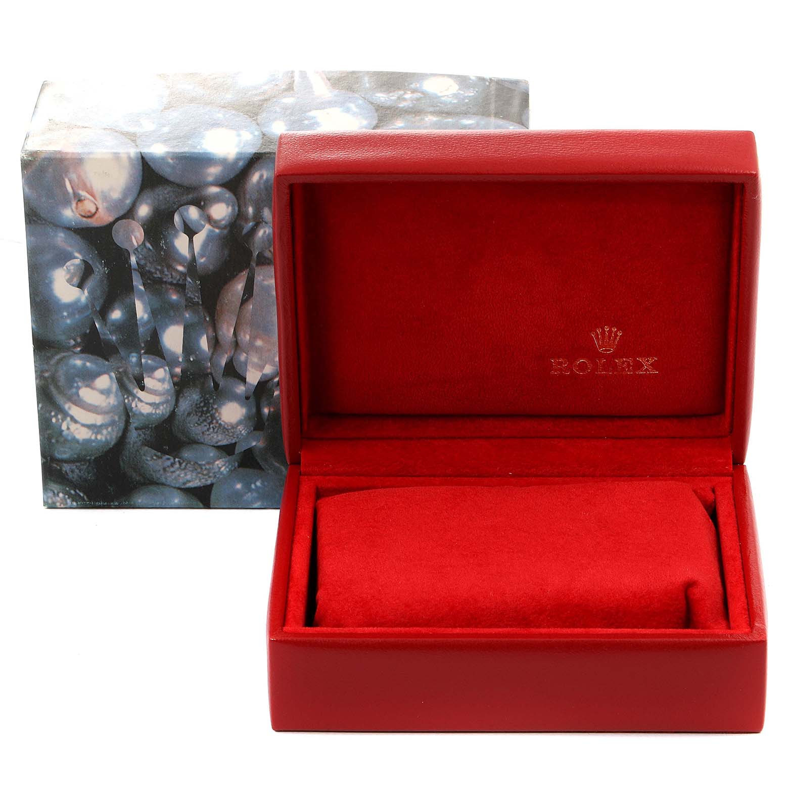 The image shows an open red Rolex Datejust 69173 Women
s Steel and Gold (two tone) Champagne Dial 69173 Women
s Steel and Gold (two tone) Champagne Dial watch box and a separate decorative outer box in the background.