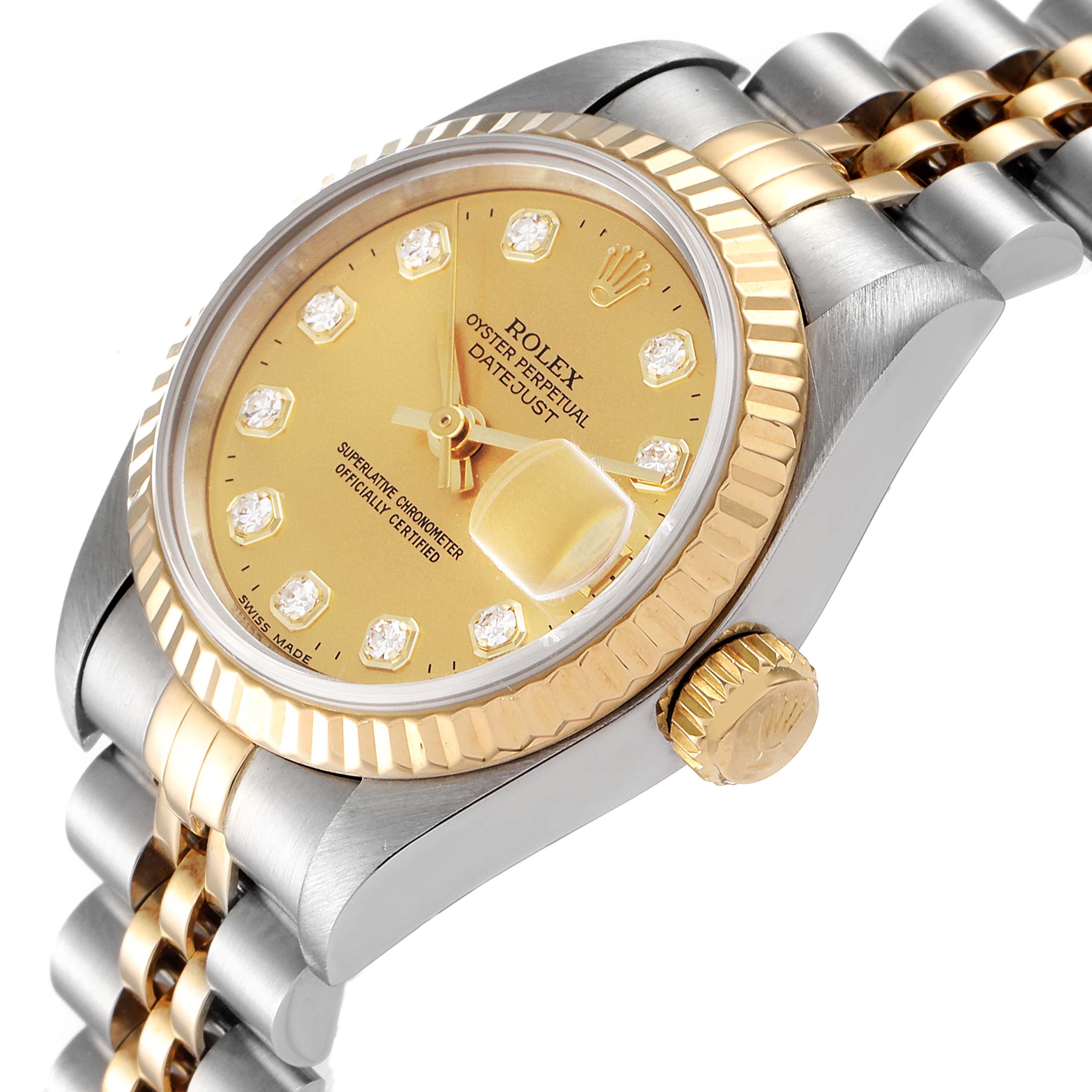 The image shows a close-up angle of a Rolex Datejust 69173 Women
s Steel and Gold (two tone) Champagne Dial 69173 Women
s Steel and Gold (two tone) Champagne Dial watch, highlighting the dial, bezel, crown, and part of the bracelet.