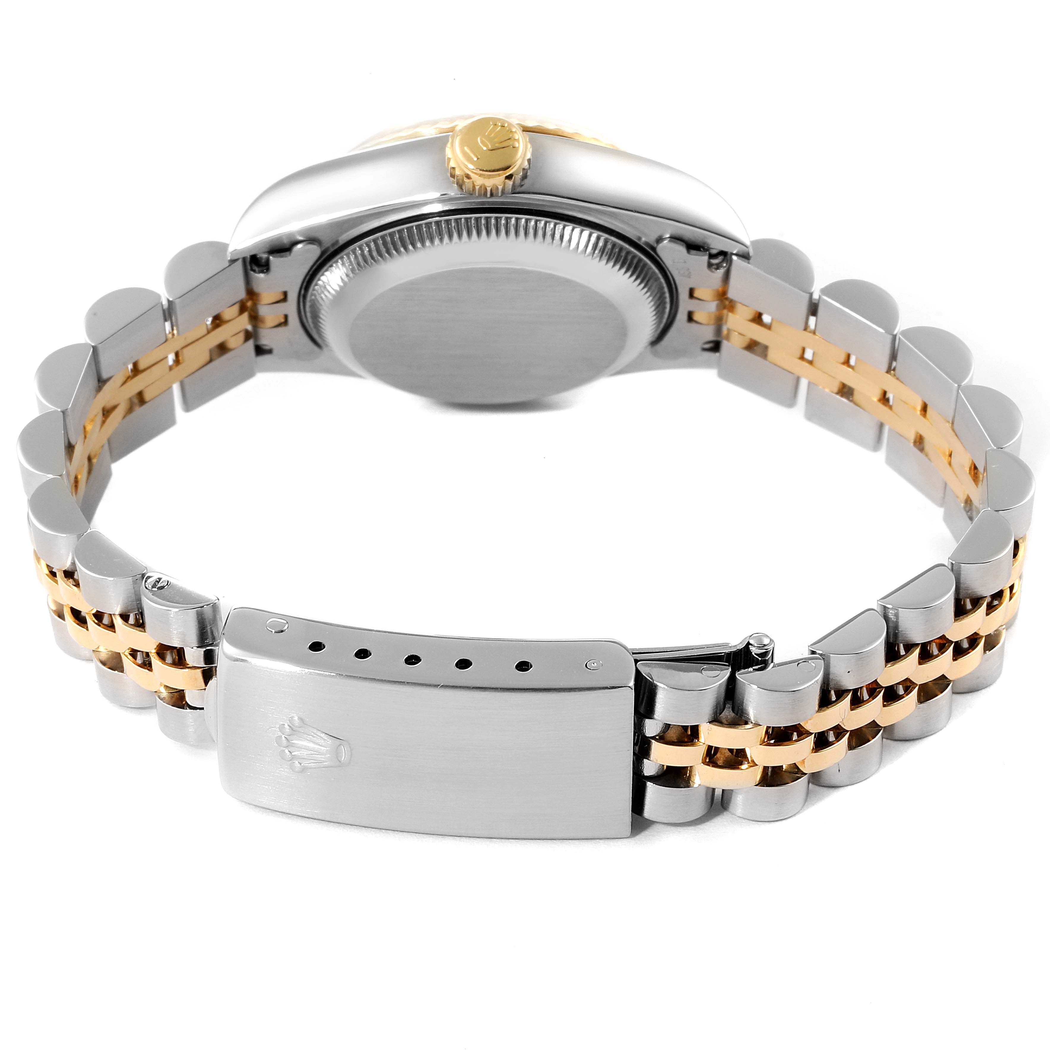 The image shows the rear view of the Rolex Datejust 69173 Women
s Steel and Gold (two tone) Champagne Dial 69173 Women
s Steel and Gold (two tone) Champagne Dial watch, highlighting its two-tone Jubilee bracelet and clasp.