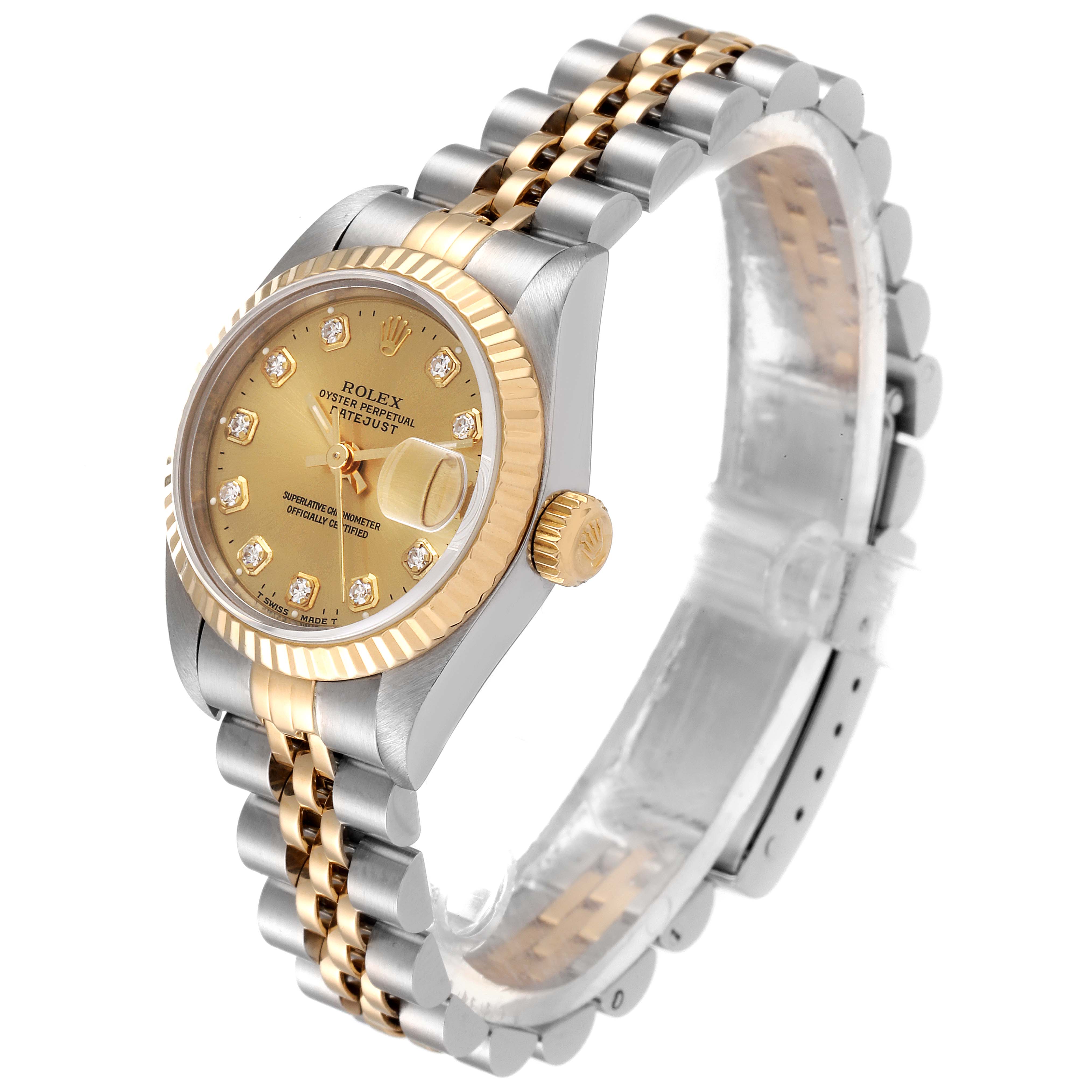 The image shows a Rolex Datejust 69173 Women
s Steel and Gold (two tone) Champagne Dial 69173 Women
s Steel and Gold (two tone) Champagne Dial watch at a three-quarter angle, highlighting its face, fluted bezel, and jubilee bracelet.