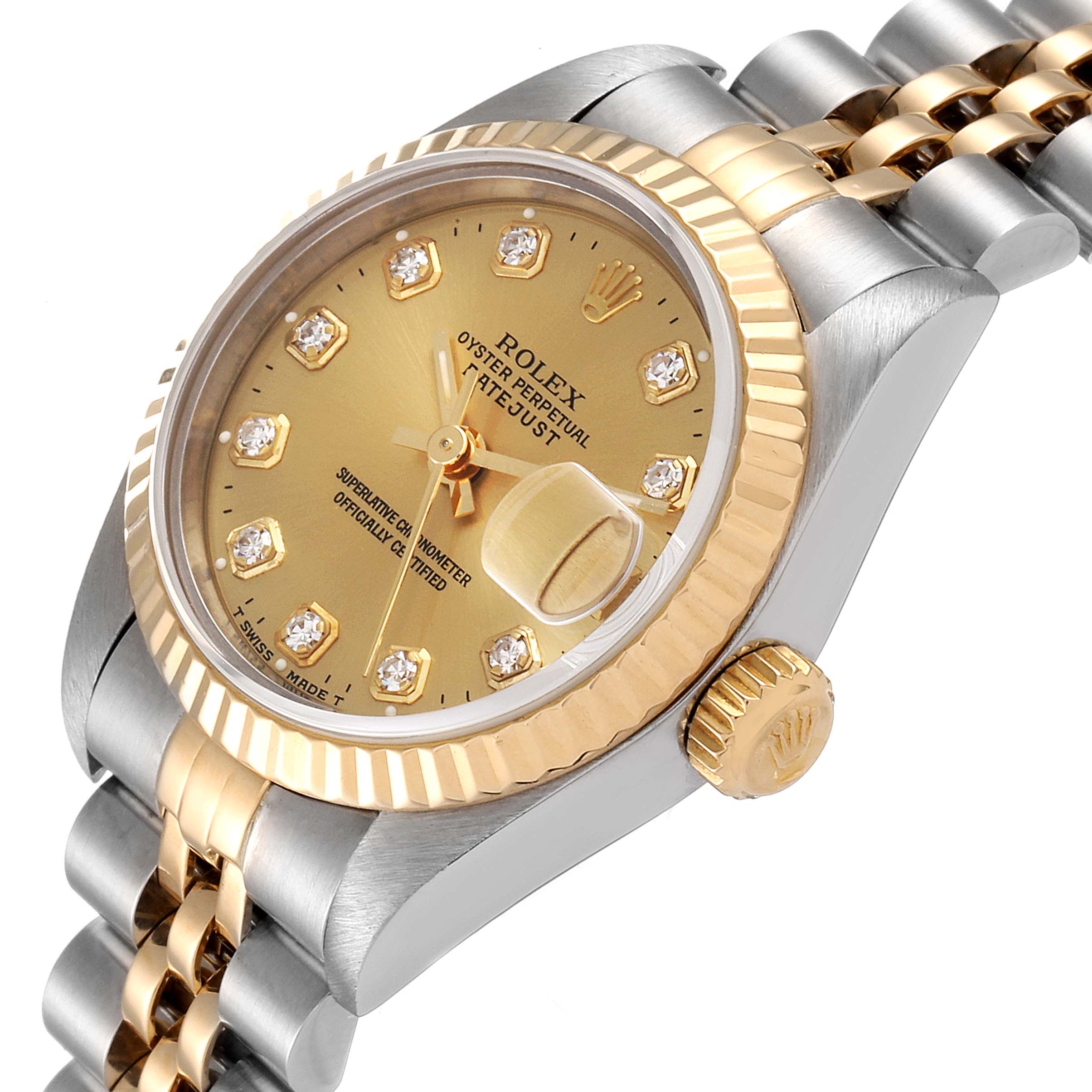 The image shows an angled view of a Rolex Datejust 69173 Women
s Steel and Gold (two tone) Champagne Dial 69173 Women
s Steel and Gold (two tone) Champagne Dial, highlighting the dial, bezel, crown, and part of the bracelet.