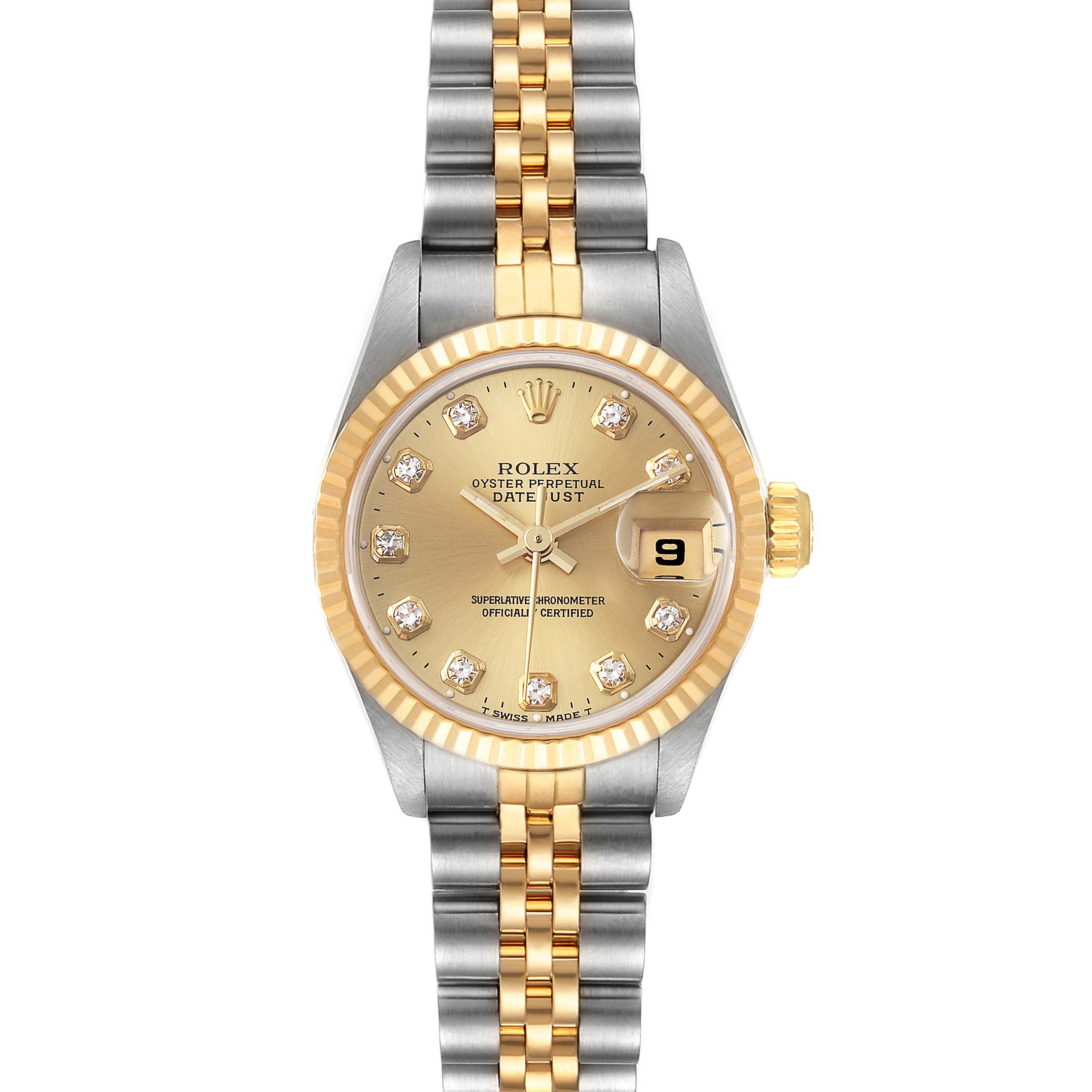 The image shows a frontal view of a Rolex Datejust 69173 Women
s Steel and Gold (two tone) Champagne Dial 69173 Women
s Steel and Gold (two tone) Champagne Dial watch, displaying the dial, bezel, and two-tone bracelet.