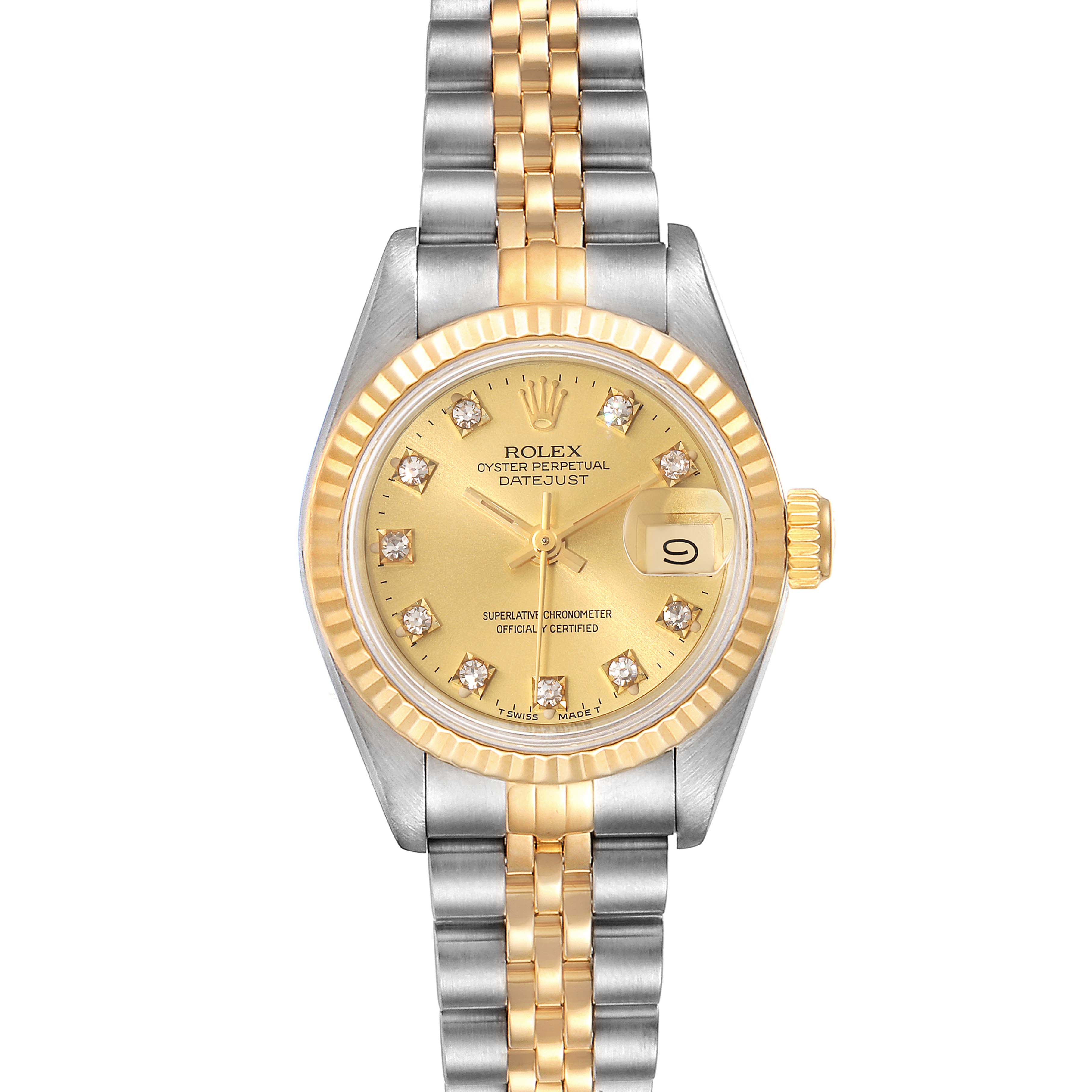 This image shows a front view of the Rolex Datejust 69173 Women
s Steel and Gold (two tone) Champagne Dial 69173 Women
s Steel and Gold (two tone) Champagne Dial watch, highlighting its dial, bezel, and bracelet.