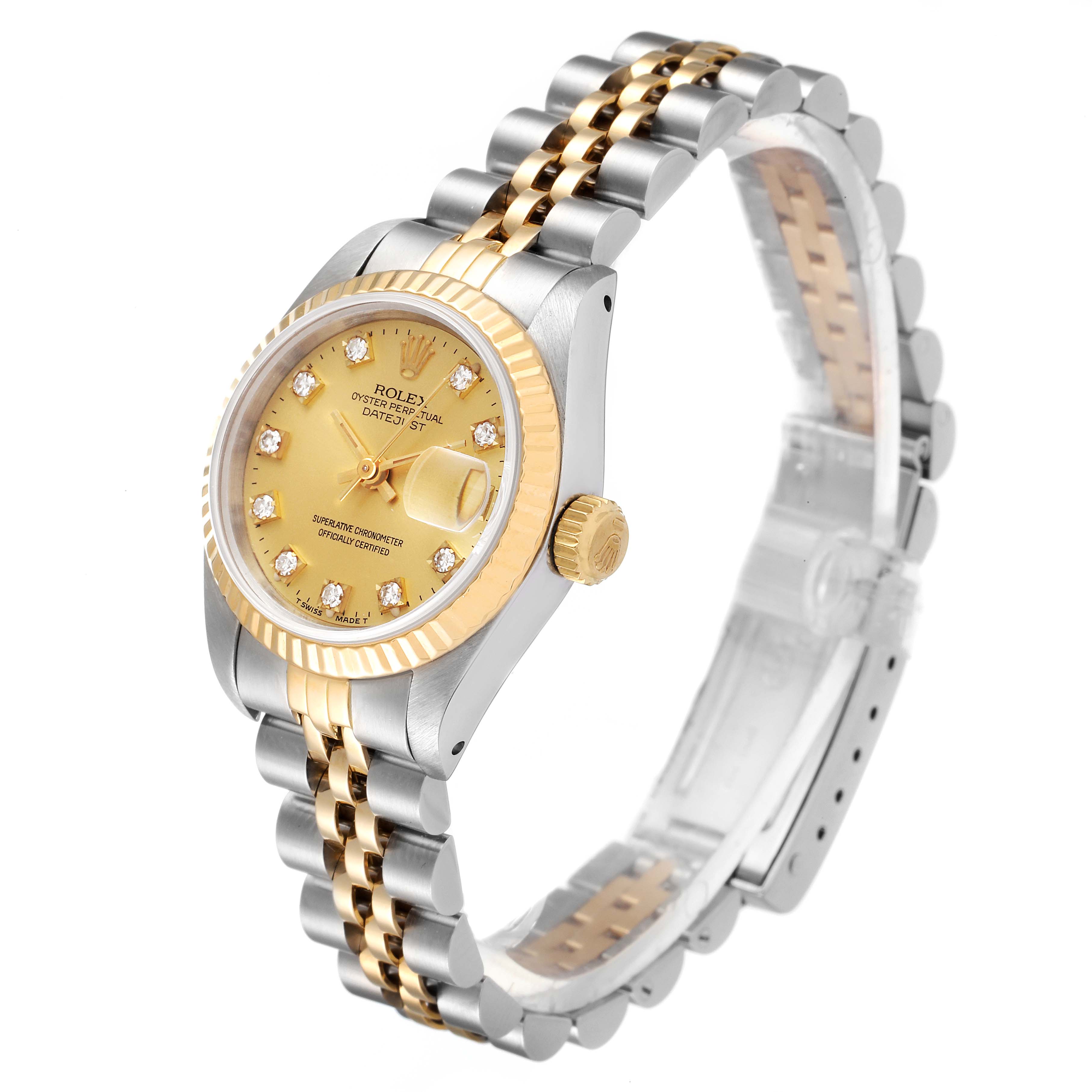 This Rolex Datejust 69173 Women
s Steel and Gold (two tone) Champagne Dial 69173 Women
s Steel and Gold (two tone) Champagne Dial watch is shown at a 45-degree angle, highlighting the gold and silver bracelet, dial, bezel, and crown.