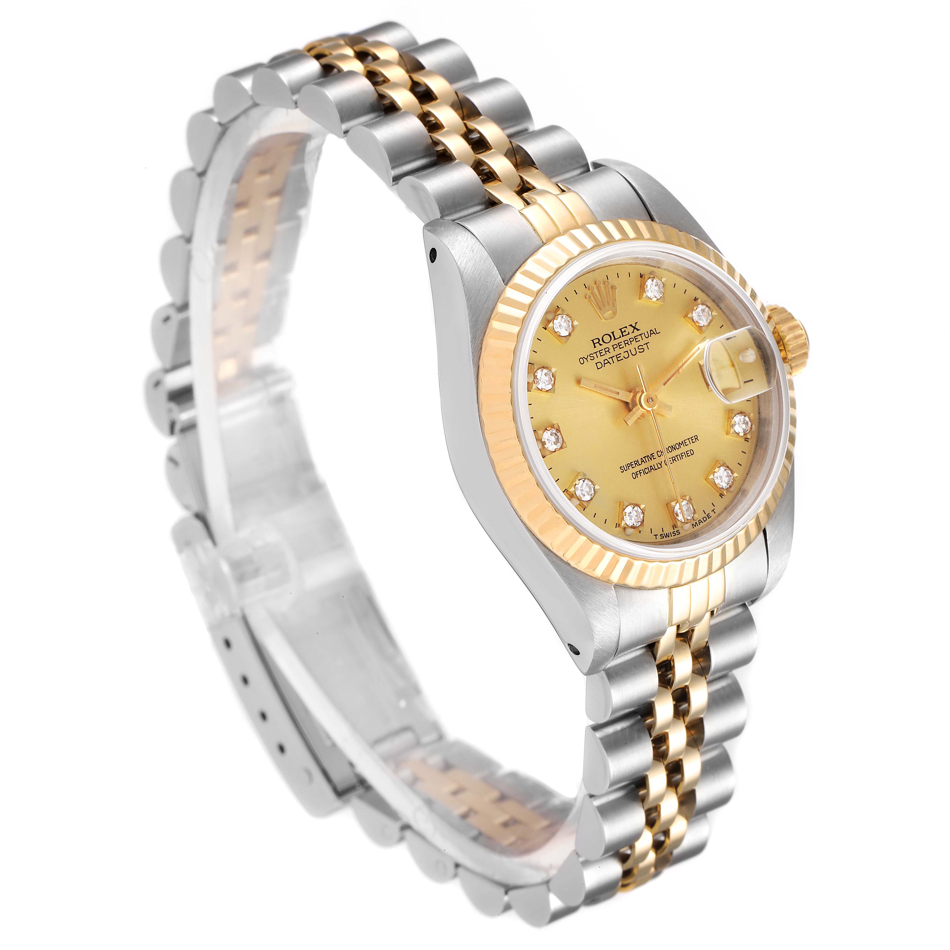 The image shows a side profile angle of the Rolex Datejust 69173 Women
s Steel and Gold (two tone) Champagne Dial 69173 Women
s Steel and Gold (two tone) Champagne Dial watch, featuring a gold and silver bracelet, and a jeweled bezel and dial.