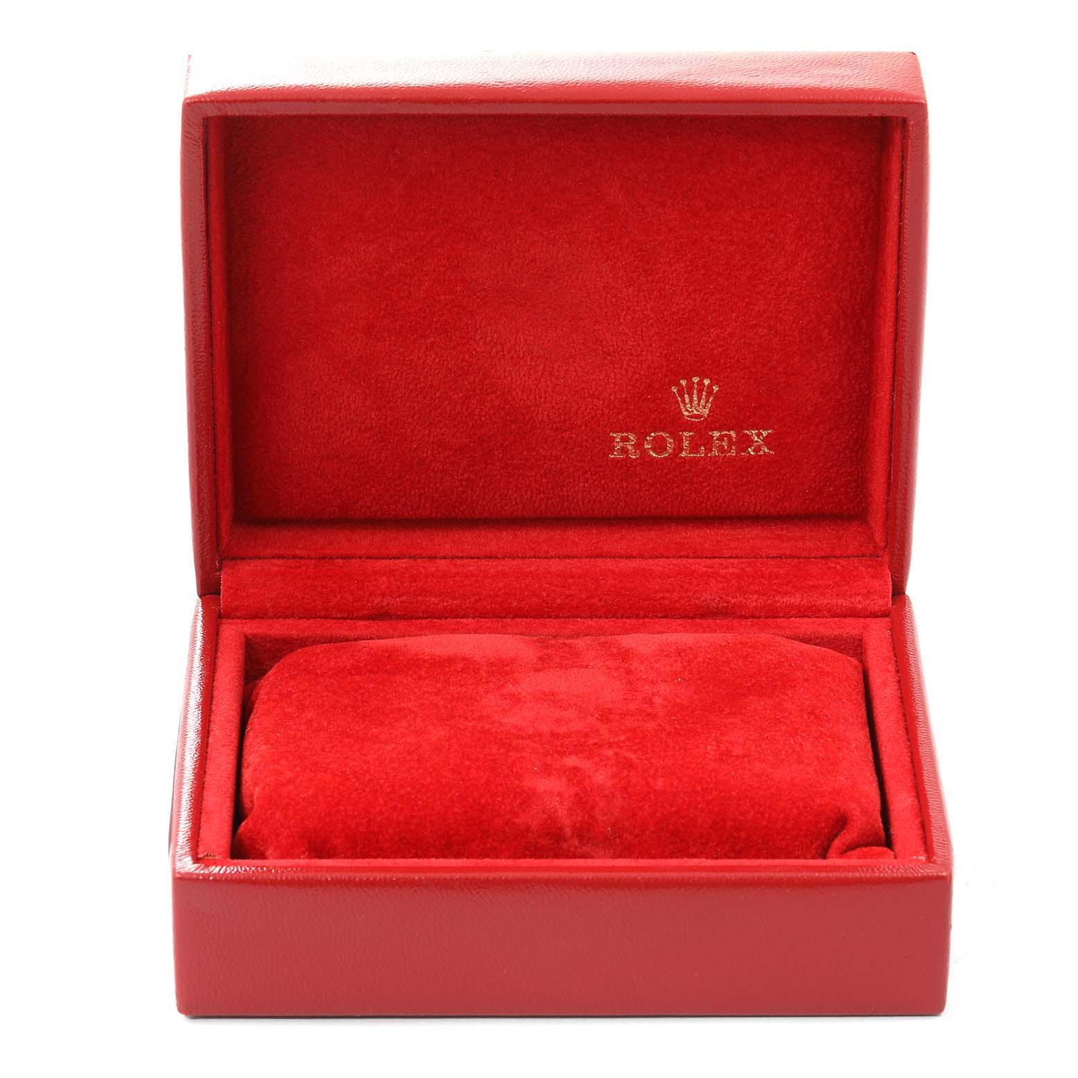 This image shows a red Rolex watch box, opened to reveal the interior for a Datejust model, though the watch itself is not shown.