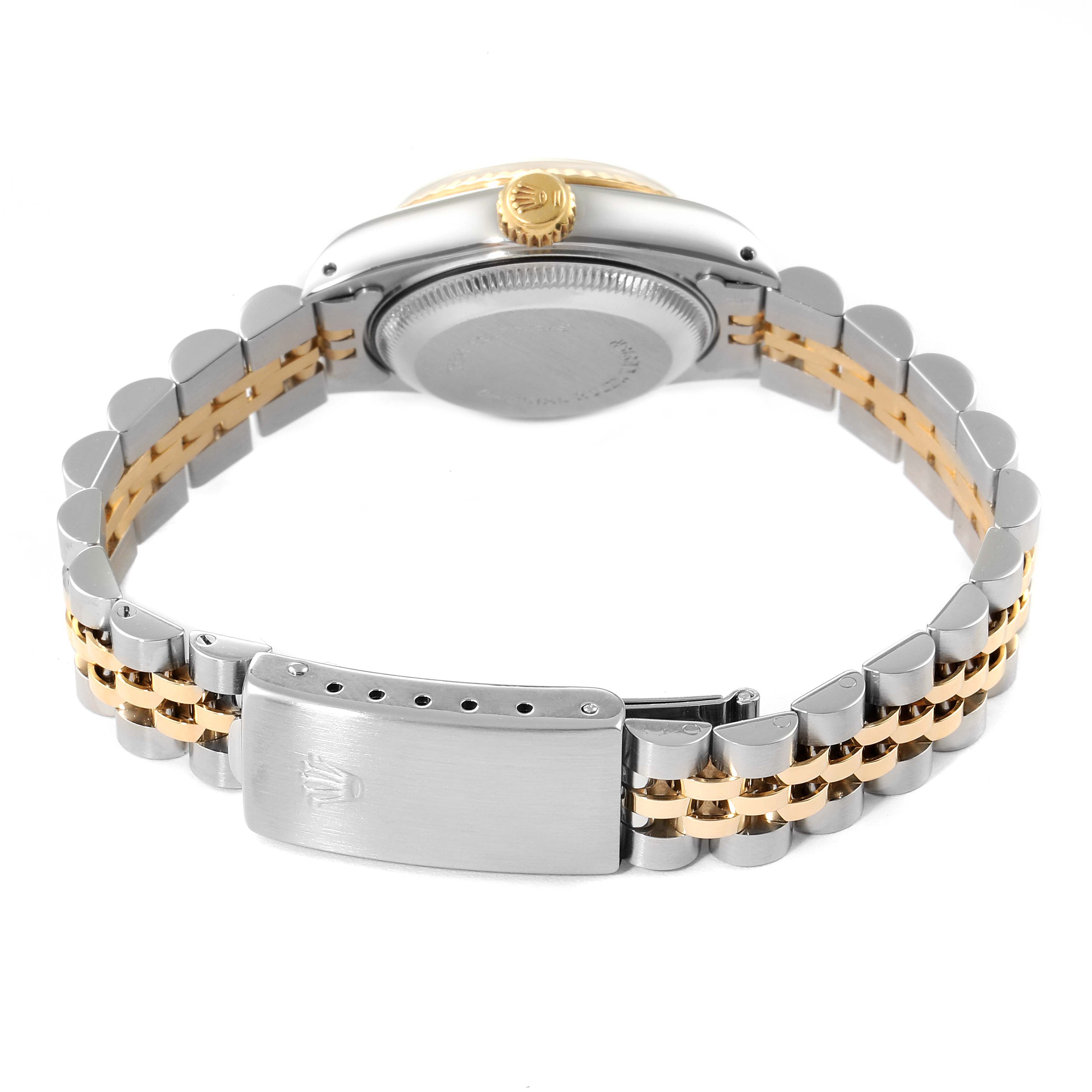 The image shows the back view of a Rolex Datejust 69173 Women
s Steel and Gold (two tone) Champagne Dial 69173 Women
s Steel and Gold (two tone) Champagne Dial watch highlighting its bracelet and clasp.