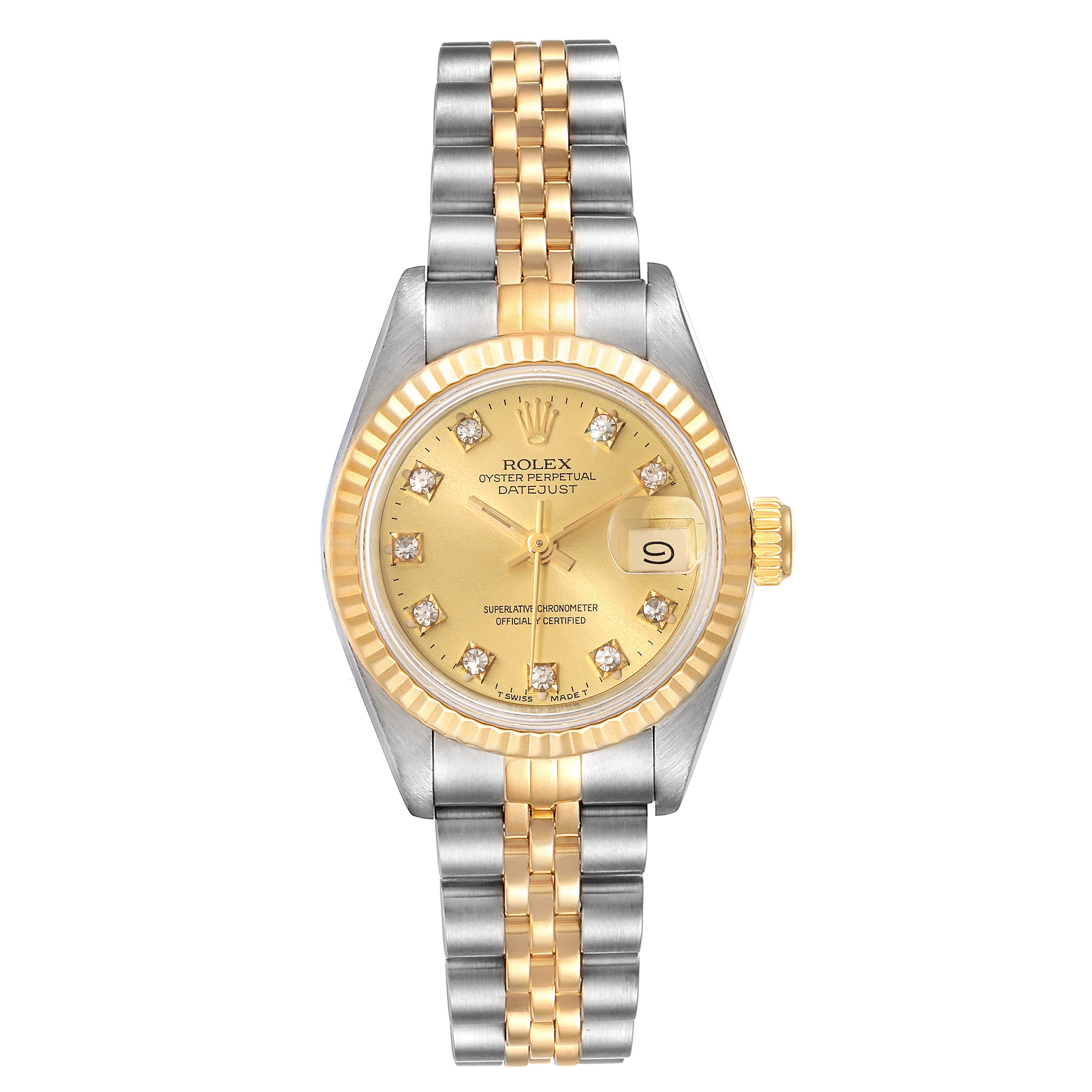 The image shows a frontal view of a Rolex Datejust 69173 Women
s Steel and Gold (two tone) Champagne Dial 69173 Women
s Steel and Gold (two tone) Champagne Dial watch featuring a gold dial, diamond hour markers, and a two-tone bracelet.