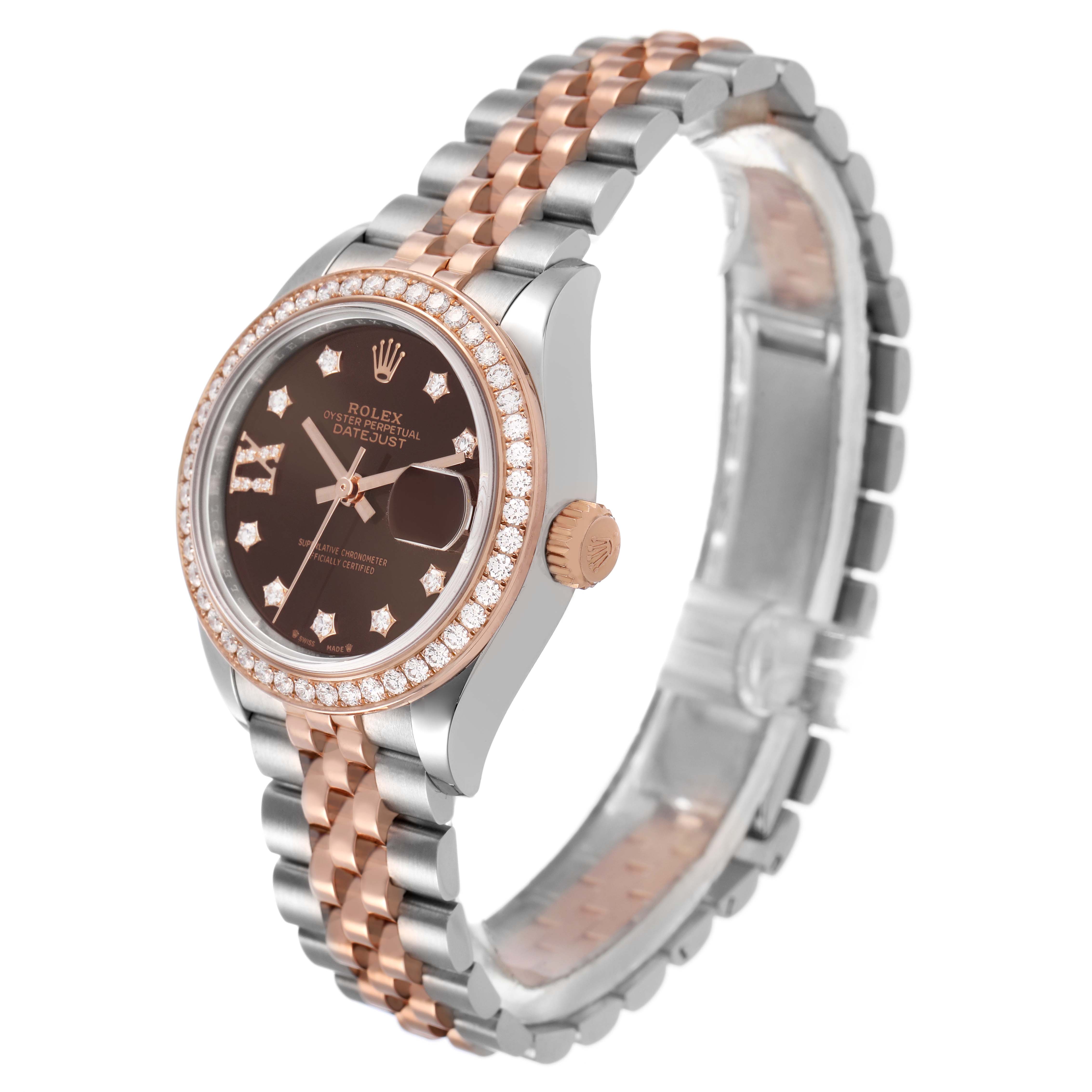 The Rolex Datejust 279381 Women's Stainless Steel Brown Dial watch is angled to show the face, bezel, side, and bracelet, highlighting its two-tone finish and diamond details.
