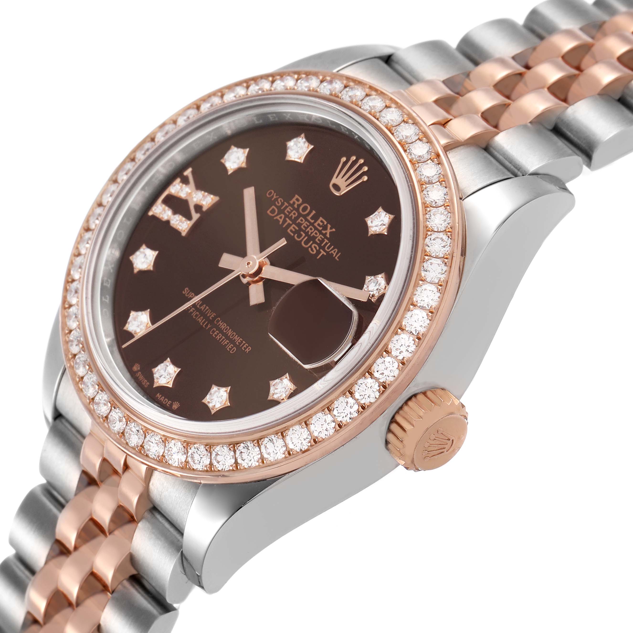 The Rolex Datejust 279381 Women's Stainless Steel Brown Dial watch is shown at an angle highlighting the bezel, crown, and bracelet.