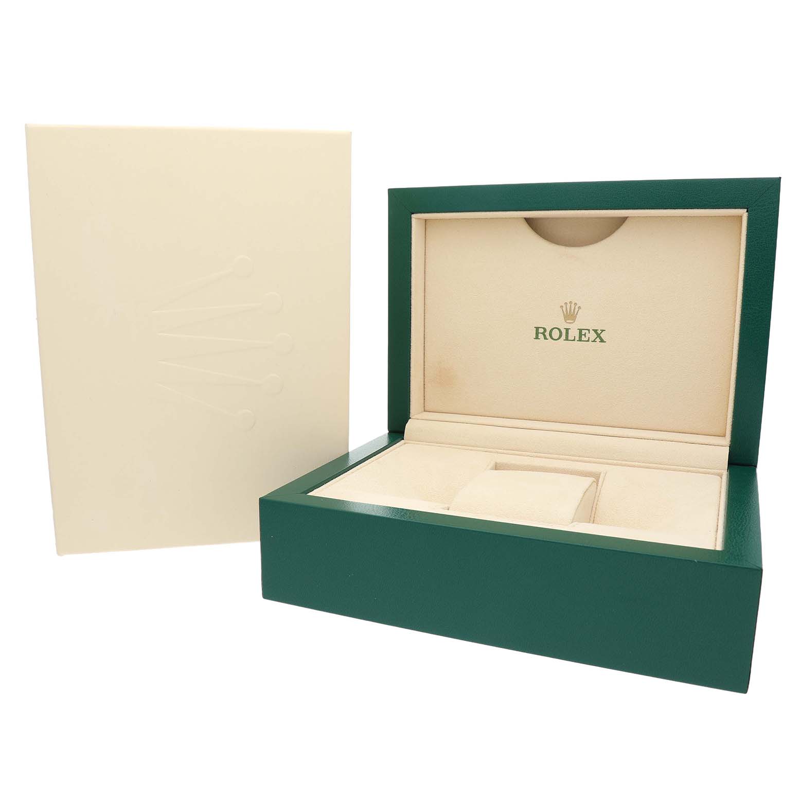 The image shows a green and beige box for a Rolex Datejust 279381 Women's Stainless Steel Brown Dial, featuring the inner compartments and lid with the Rolex logo.