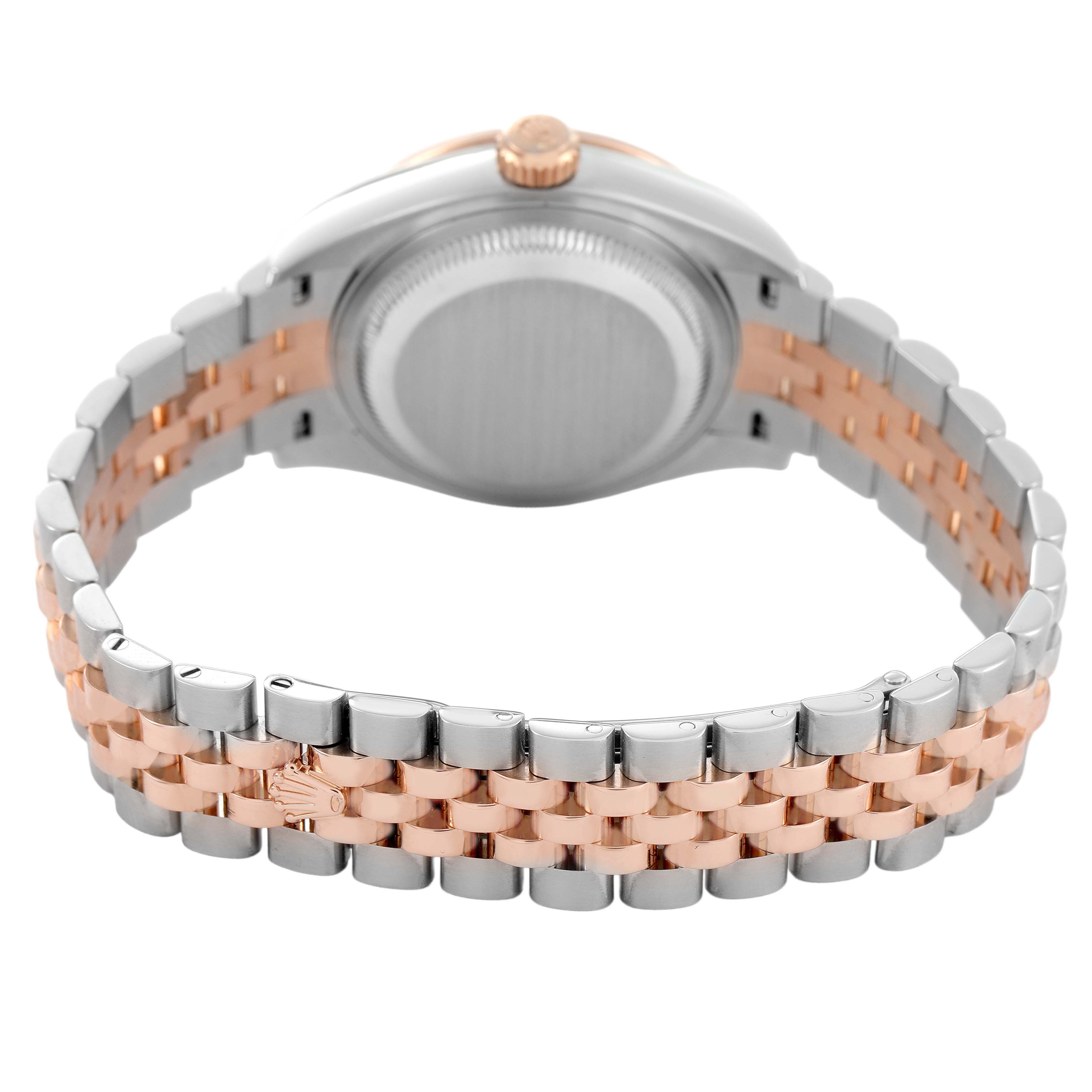 The image shows the back of a Rolex Datejust 279381 Women's Stainless Steel Brown Dial, highlighting its two-tone bracelet and case back.