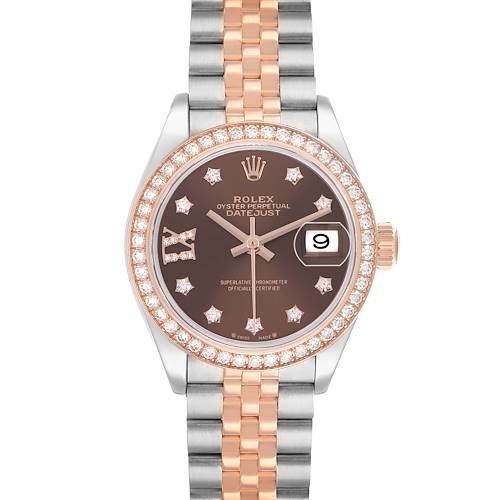 The Rolex Datejust 279381 Women's Stainless Steel Brown Dial watch is shown from the front, highlighting the dial, bezel, and bracelet.
