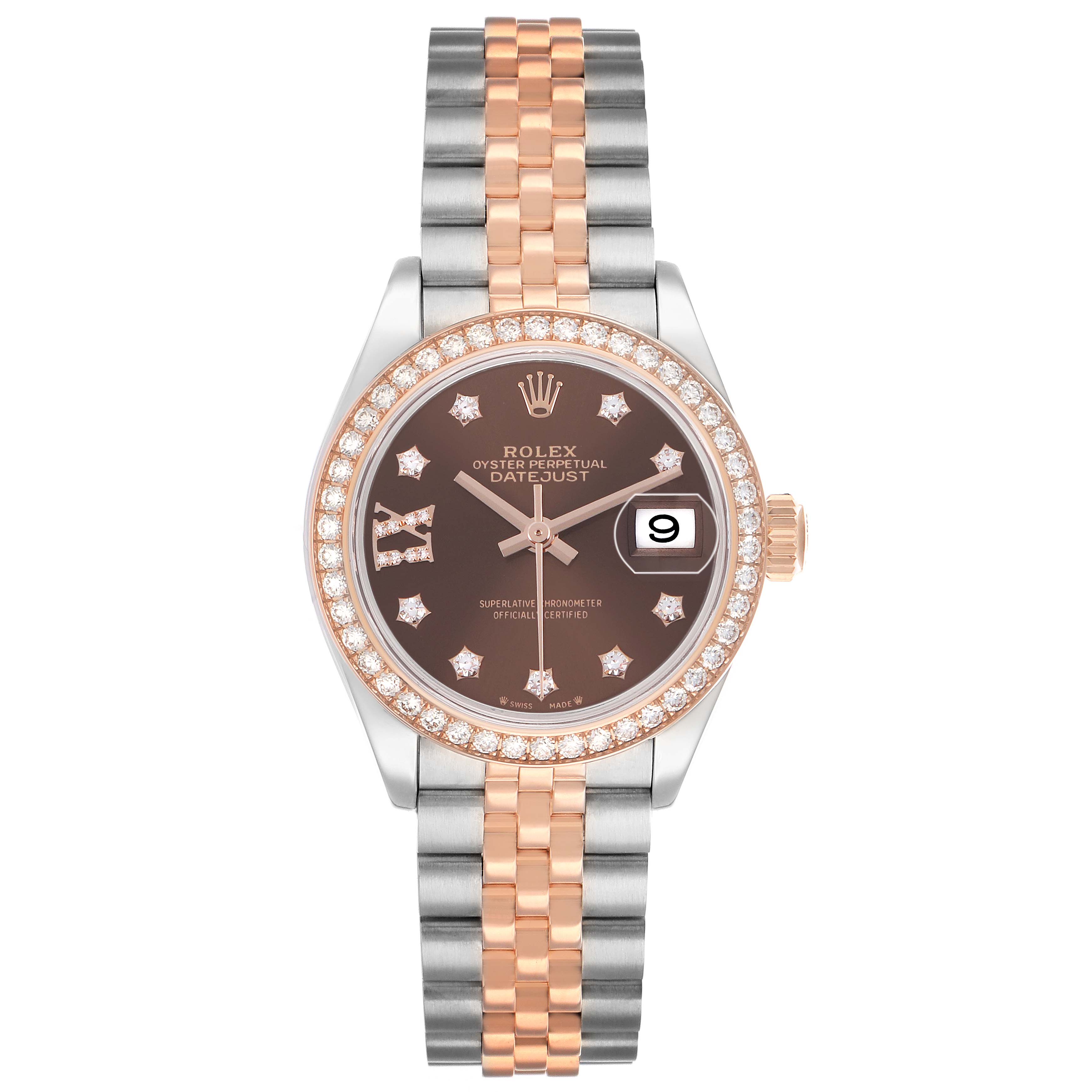 The Rolex Datejust 279381 Women's Stainless Steel Brown Dial watch is shown from a top-down angle, highlighting its dial, bezel, and two-tone bracelet.