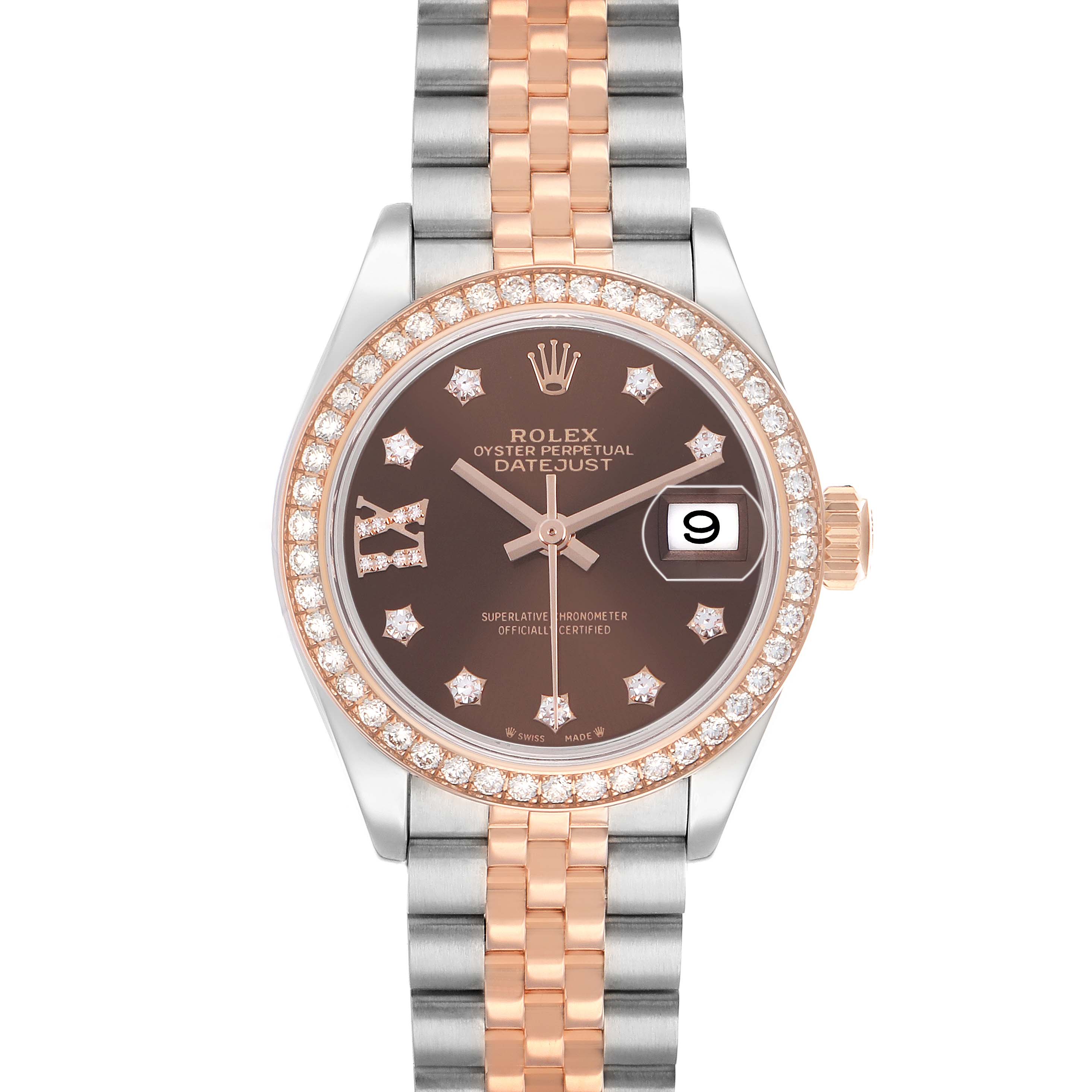 The Rolex Datejust 279381 Women's Stainless Steel Brown Dial watch is shown from the front, highlighting the dial, bezel, and bracelet.