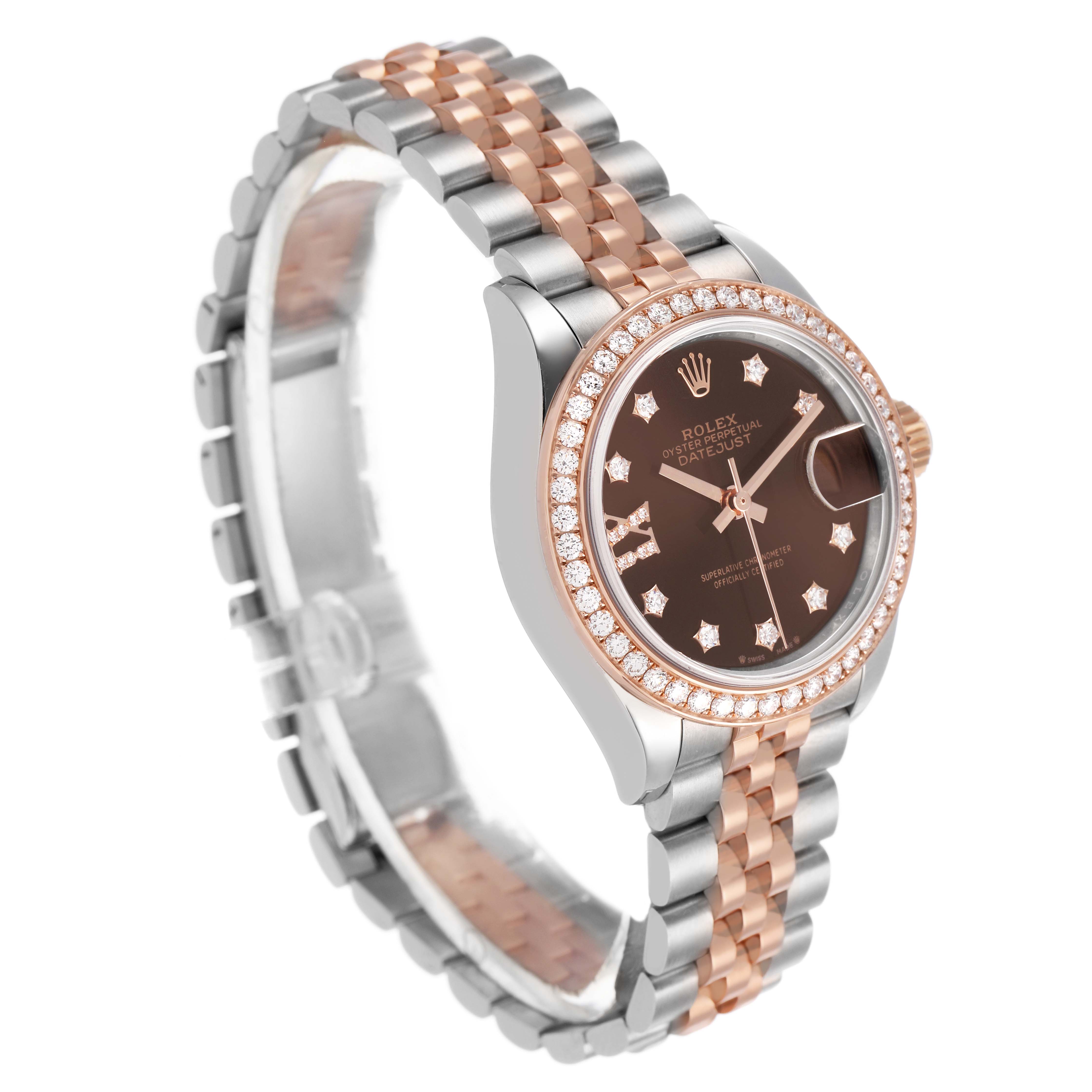 The Rolex Datejust 279381 Women's Stainless Steel Brown Dial watch is shown at a slight angle, highlighting its face, bezel, and jubilee bracelet.