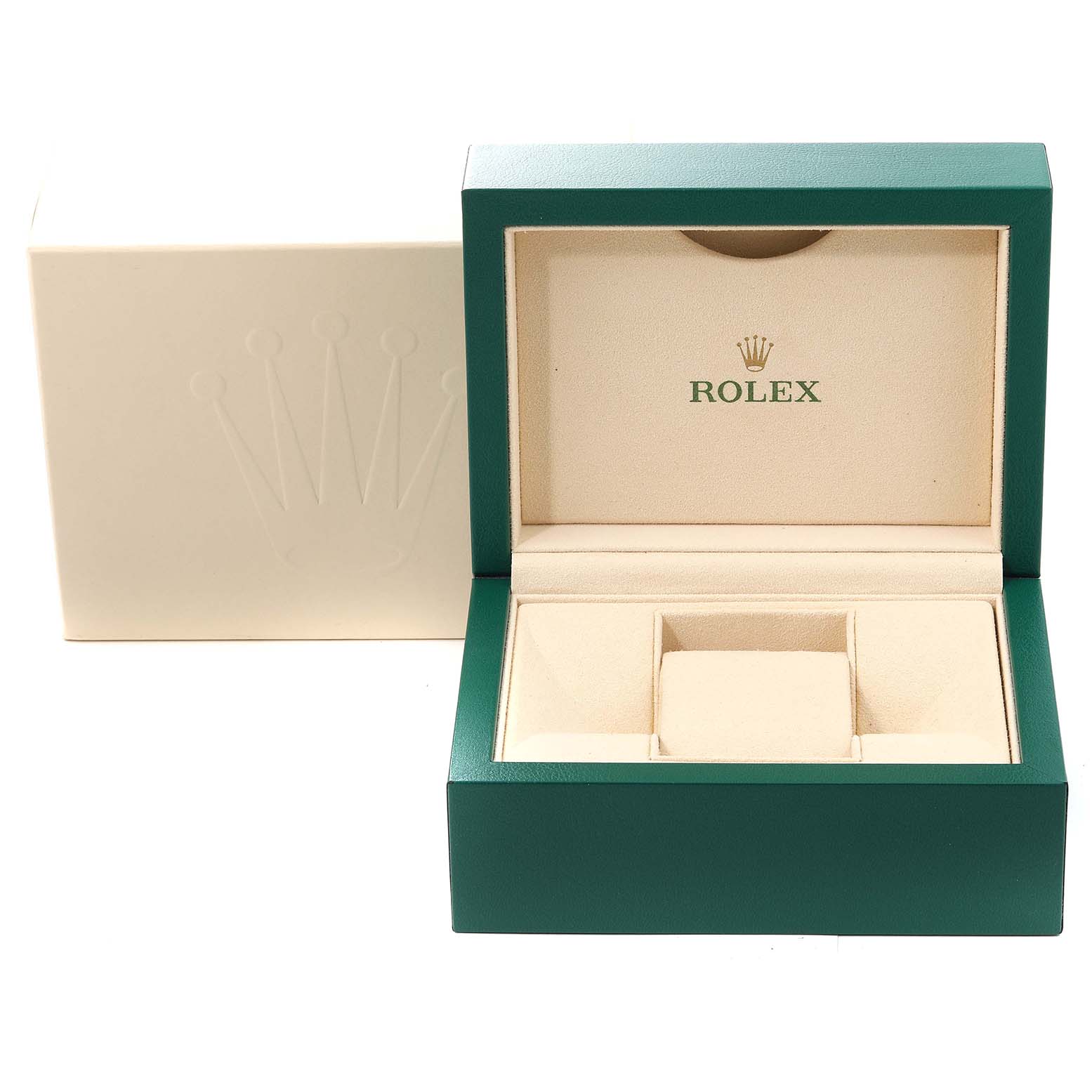 This image shows the opened green and beige box for a Mid-Size Rolex watch, with the logo visible inside the lid.