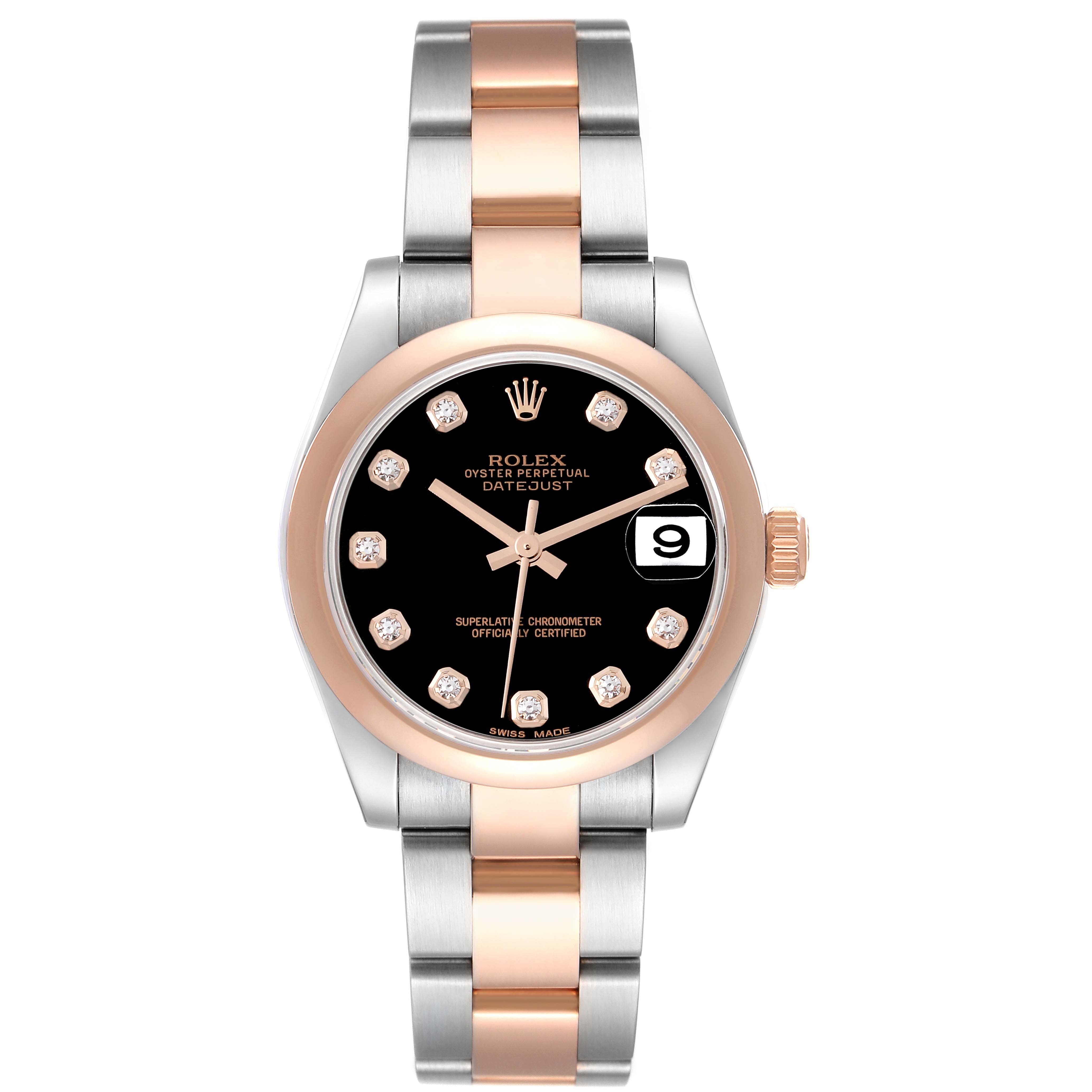 The image shows a frontal view of a Rolex Mid-Size 178241 Women's Steel and Gold (two tone) Black Dial 178241 Women's Steel and Gold (two tone) Black Dial Oyster Perpetual Datejust watch featuring a two-tone bracelet and a black dial with diamond markers.