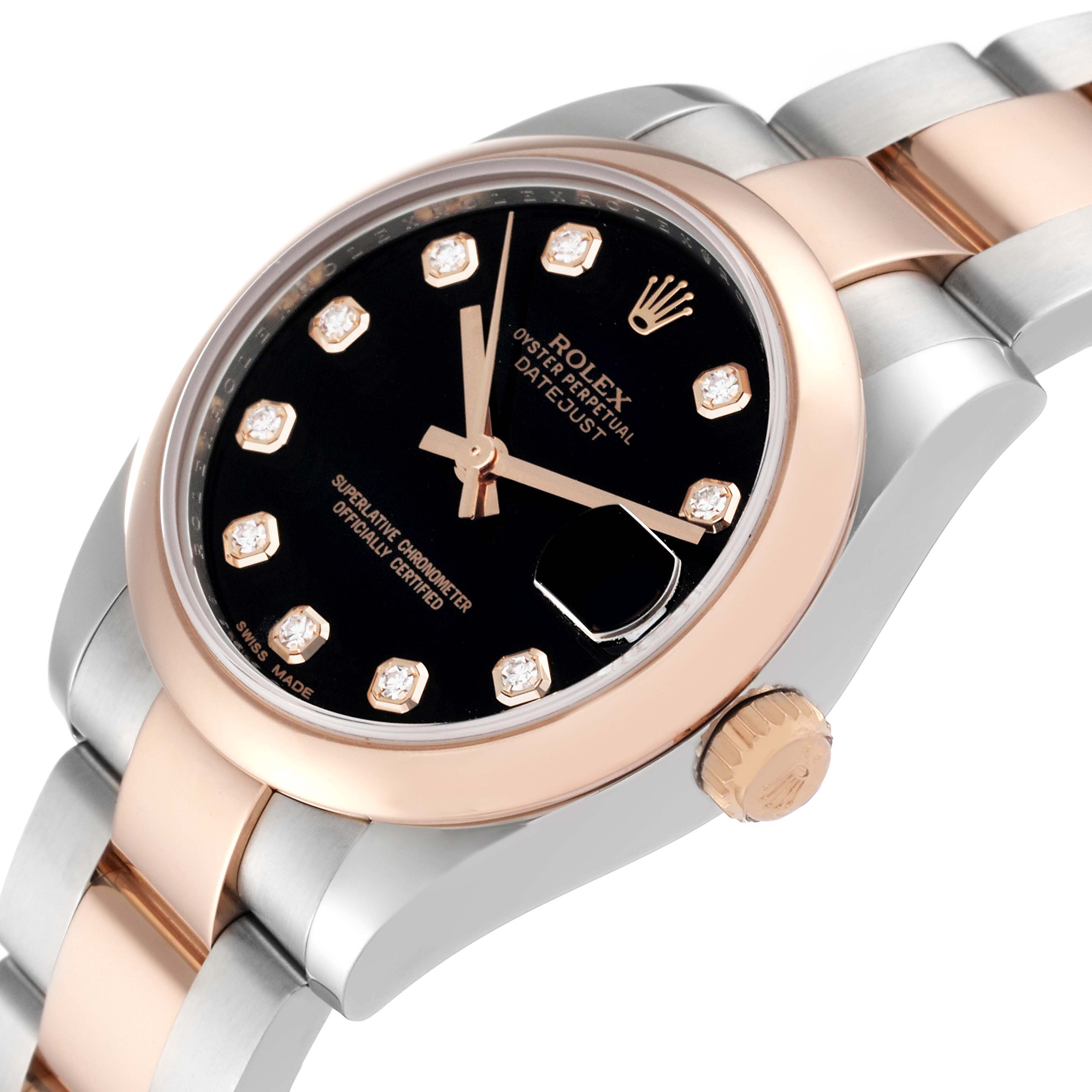 The angle displays the Rolex Mid-Size 178241 Women's Steel and Gold (two tone) Black Dial 178241 Women's Steel and Gold (two tone) Black Dial Datejust watch face and part of the bracelet, highlighting the crown and the dial with diamond markers.