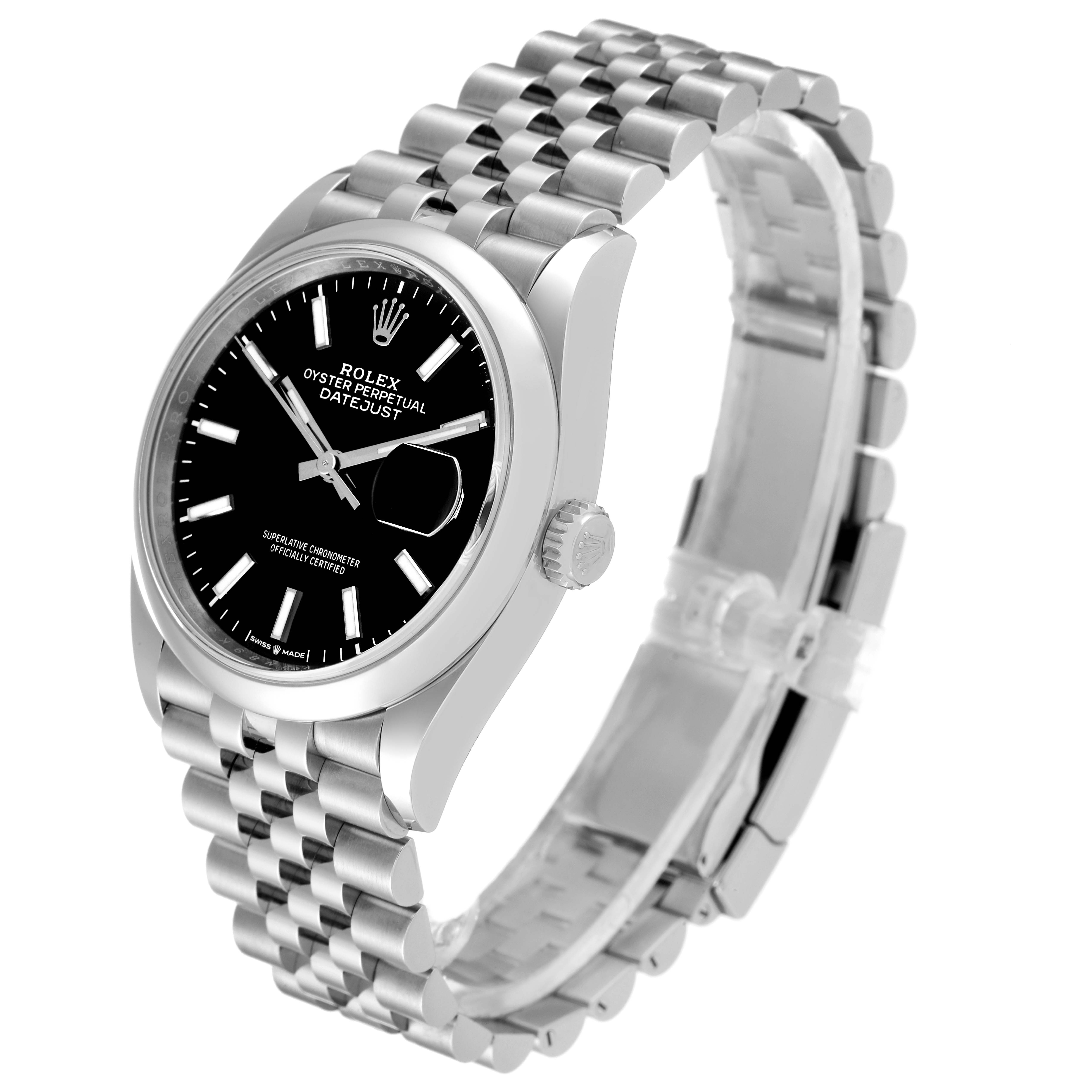 The Rolex Datejust 126200 Men's Stainless Steel Black Dial 126200 Men's Stainless Steel Black Dial watch is shown at a three-quarter angle displaying the face, bezel, crown, and part of the bracelet.
