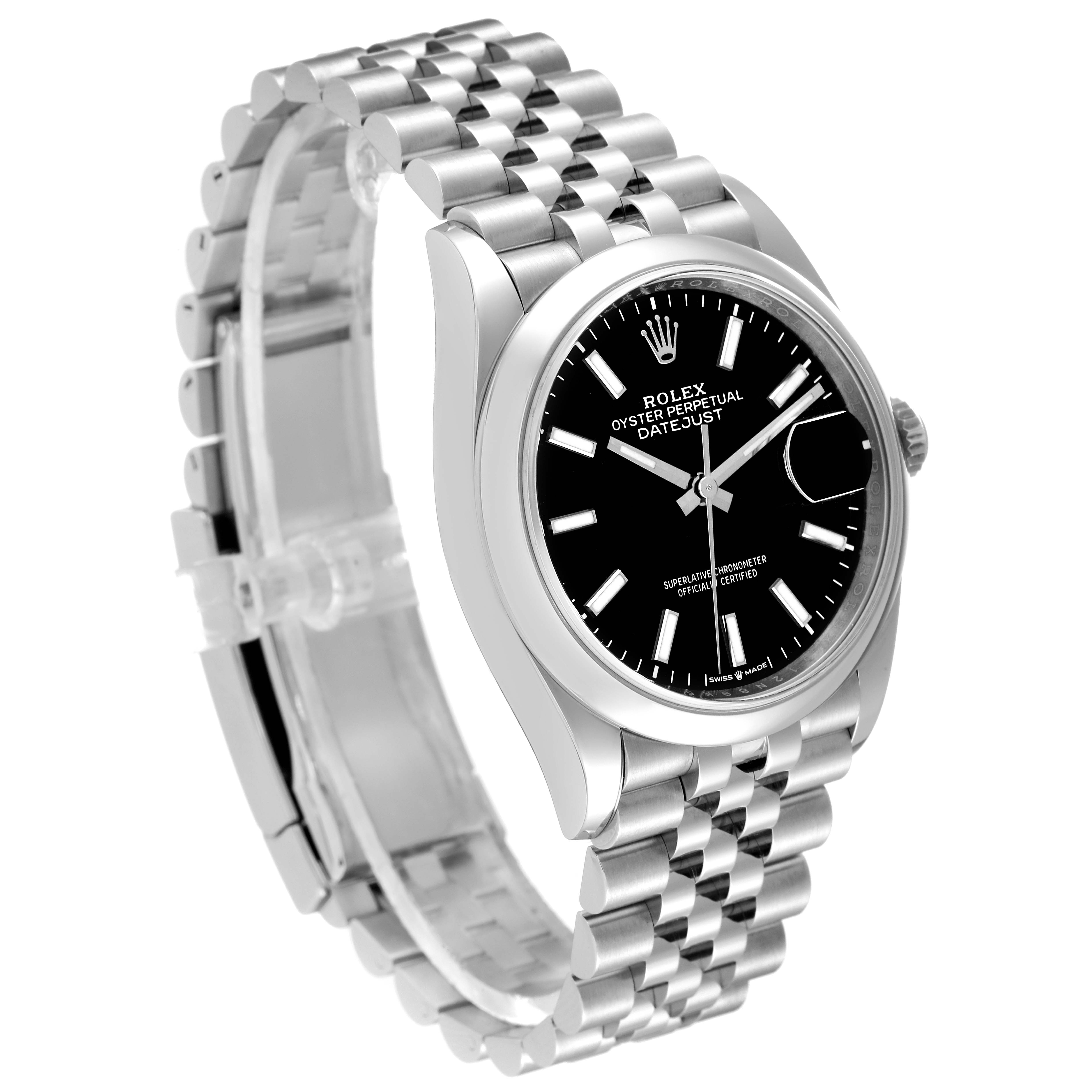 The image shows a Rolex Datejust 126200 Men's Stainless Steel Black Dial 126200 Men's Stainless Steel Black Dial watch at a slight angle, highlighting its black dial, stainless steel case, and Jubilee bracelet.