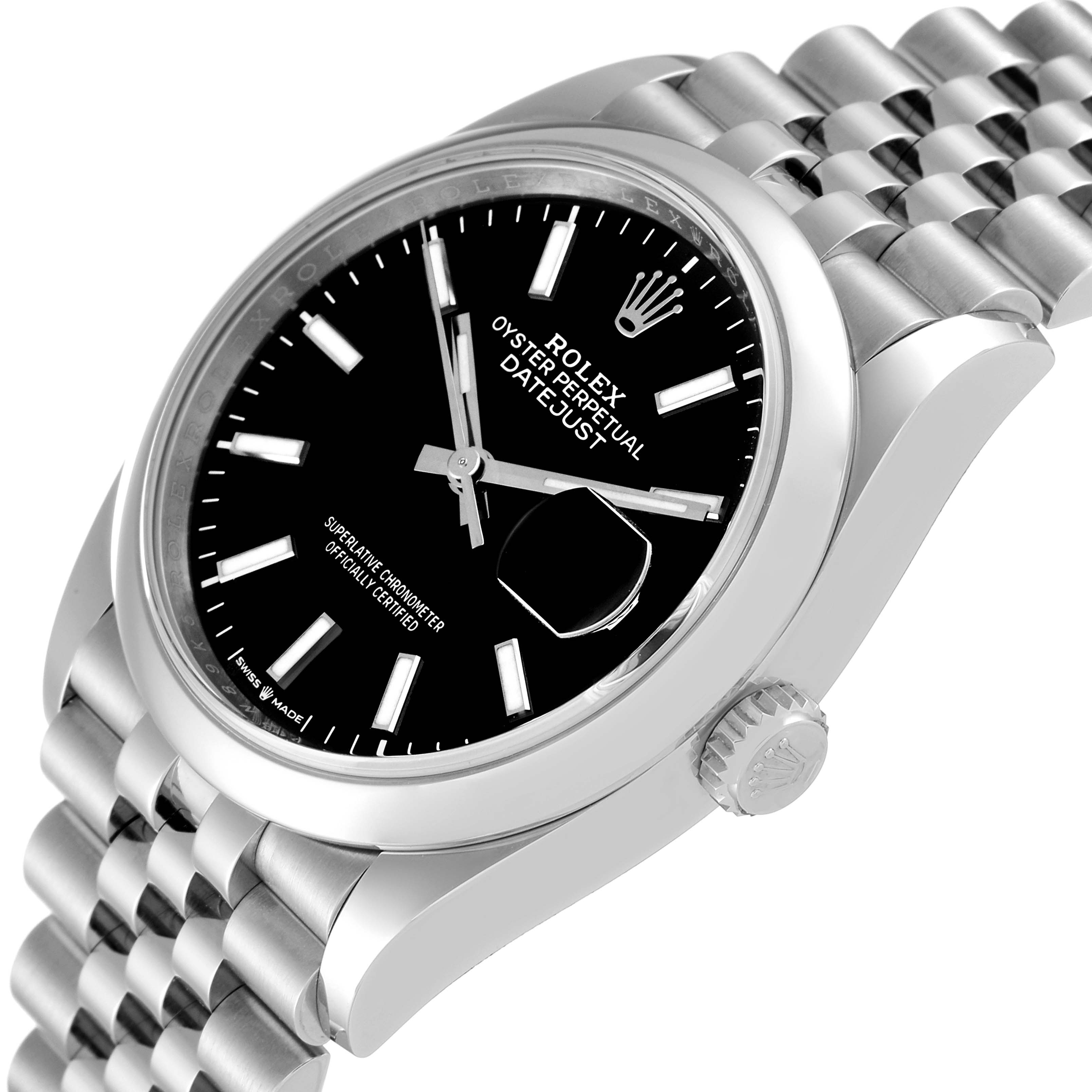 The image shows a Rolex Datejust 126200 Men's Stainless Steel Black Dial 126200 Men's Stainless Steel Black Dial watch at an angled view, highlighting the dial, bezel, crown, and part of the bracelet.