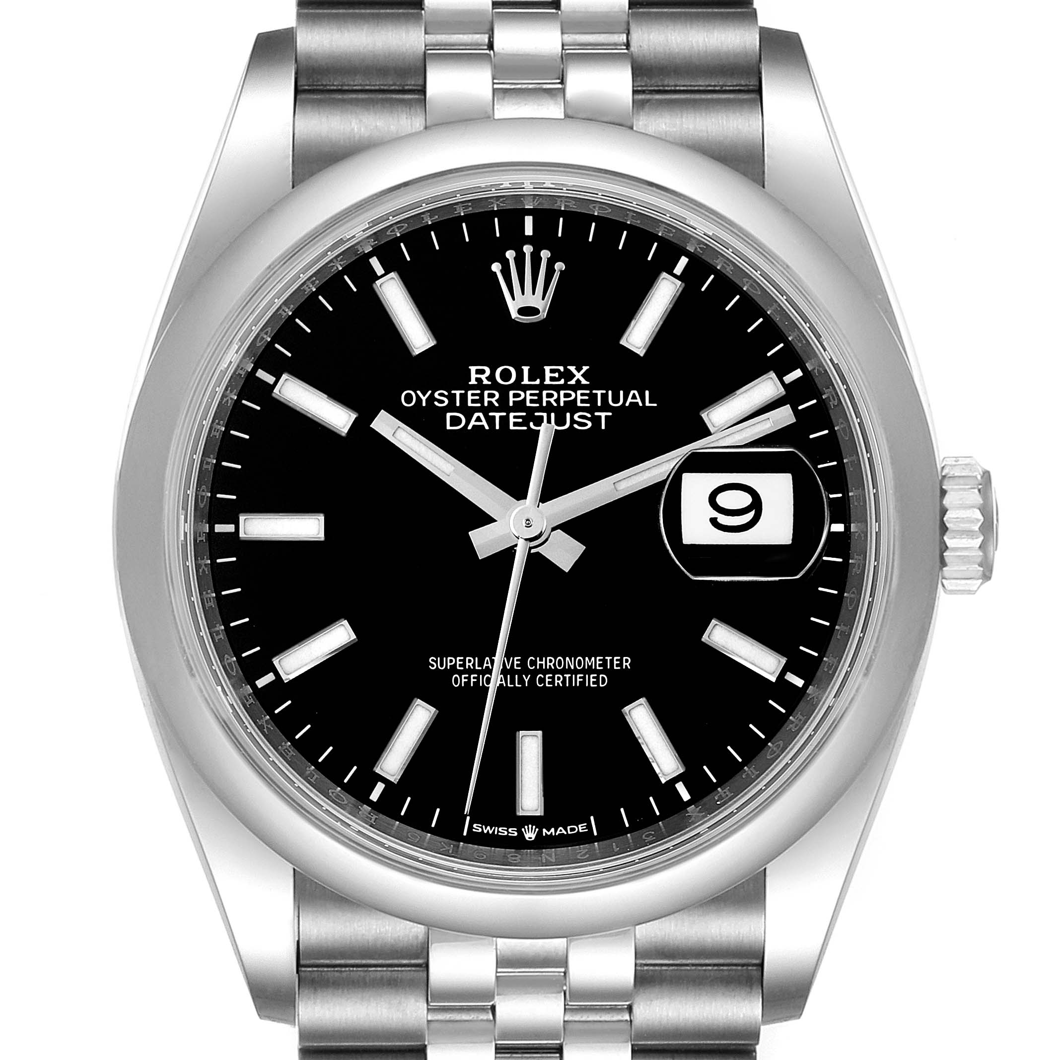The image shows a frontal view of a Rolex Datejust 126200 Men's Stainless Steel Black Dial 126200 Men's Stainless Steel Black Dial watch, highlighting the dial, bezel, bracelet, and crown.