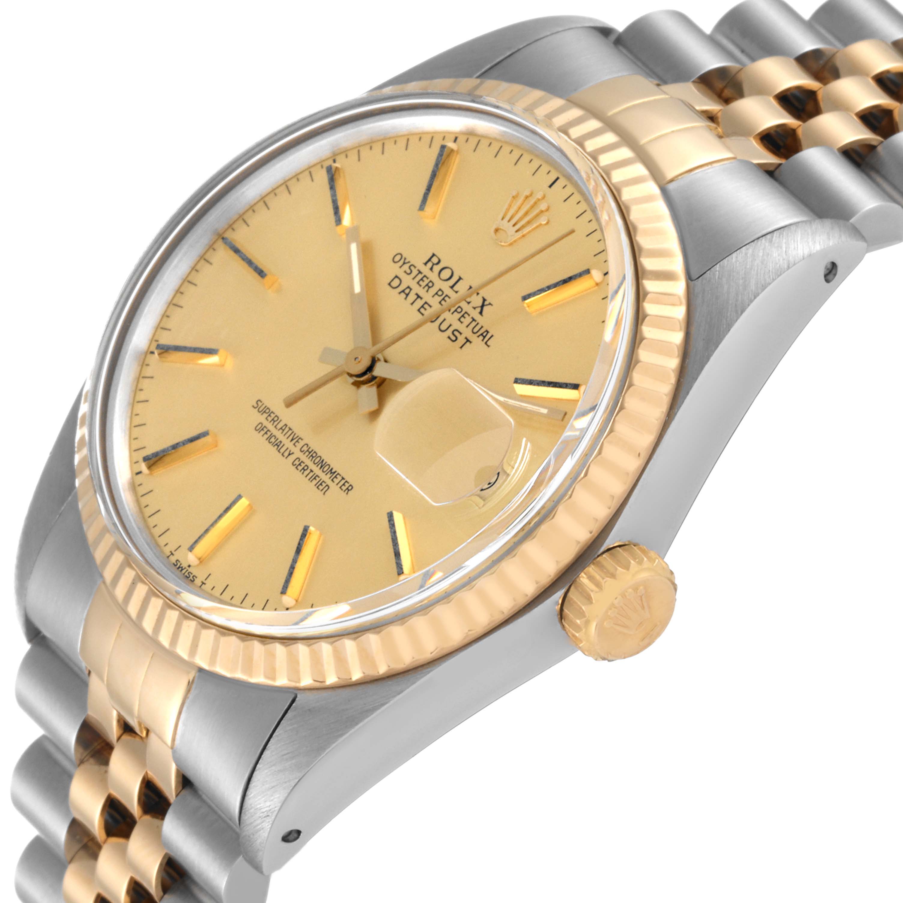 This image shows a close-up angle of the Rolex Vintage Collection 16013 Men's Steel and Gold (two tone) Champagne Dial 16013 Men's Steel and Gold (two tone) Champagne Dial watch, highlighting its bezel, dial, crown, and portion of the bracelet.